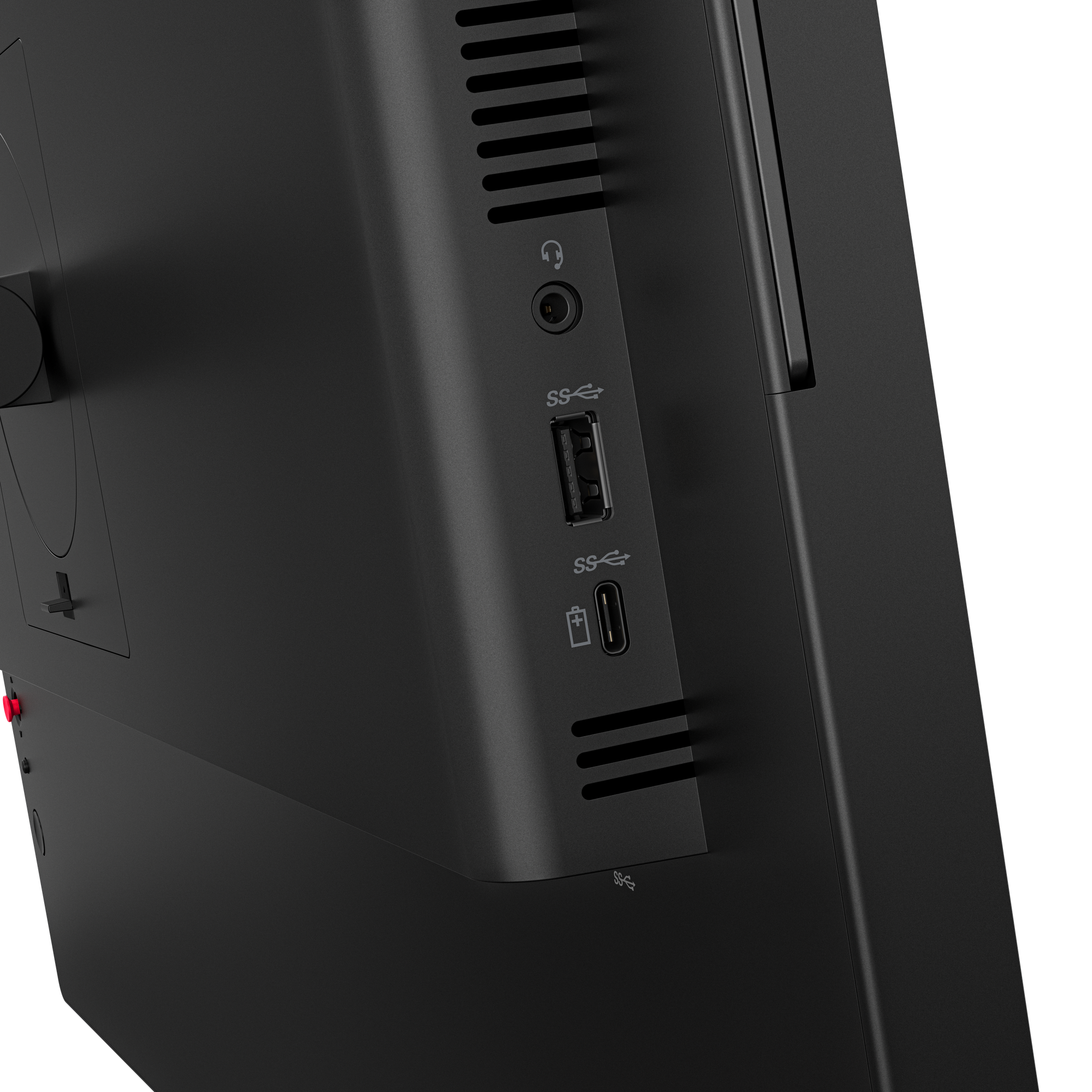 Schwarzes Gehäuse mit Anschlüssen: Kopfhörer, USB-A, USB-C und Lüftungsschlitzen.