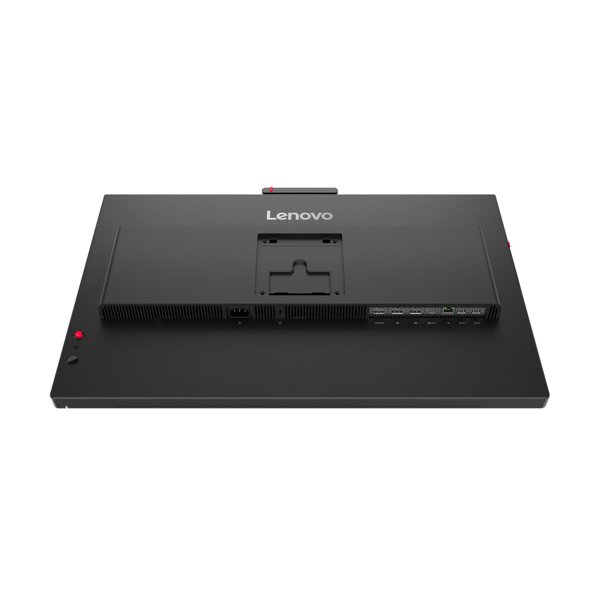 Rückseite eines schwarzen Lenovo Monitors mit Anschlüssen und Logo.
