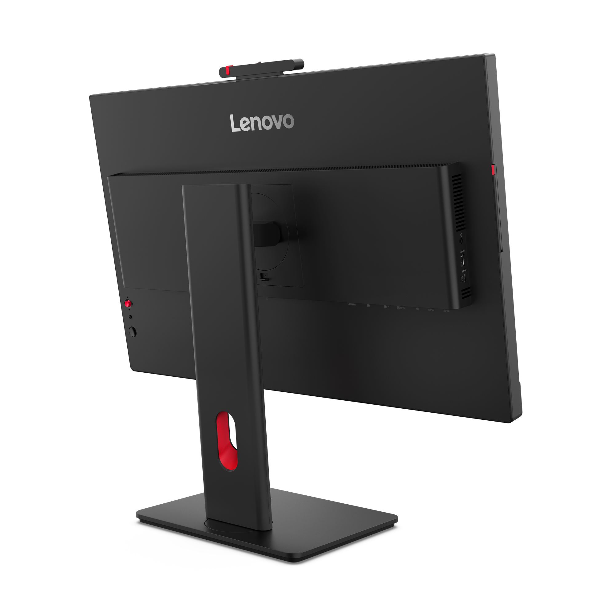 Rückansicht eines schwarzen Lenovo All-in-One-Computers mit Anschlussleiste und rotem Akzent.