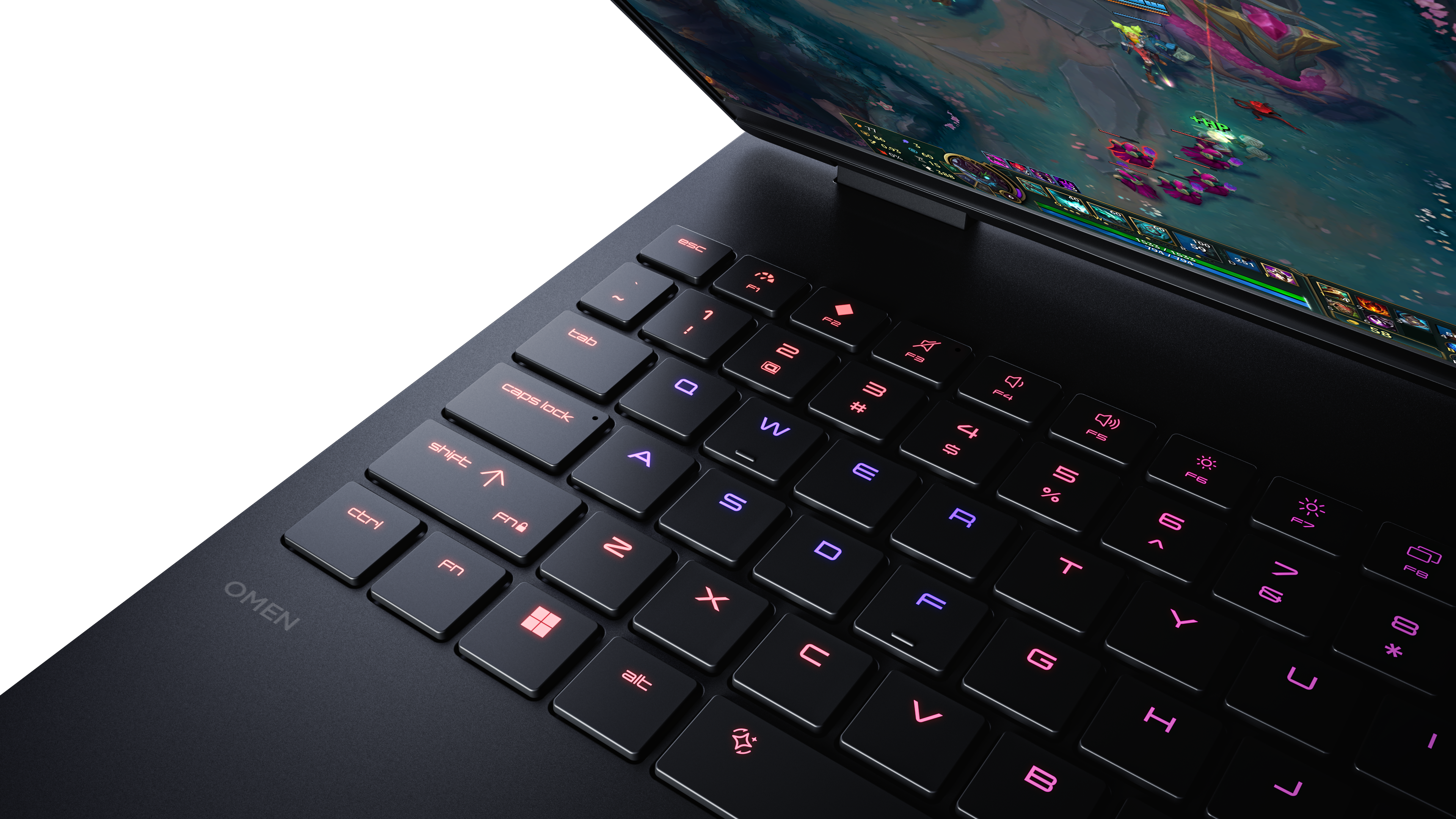 Zbliżenie klawiatury laptopa z grą na ekranie.