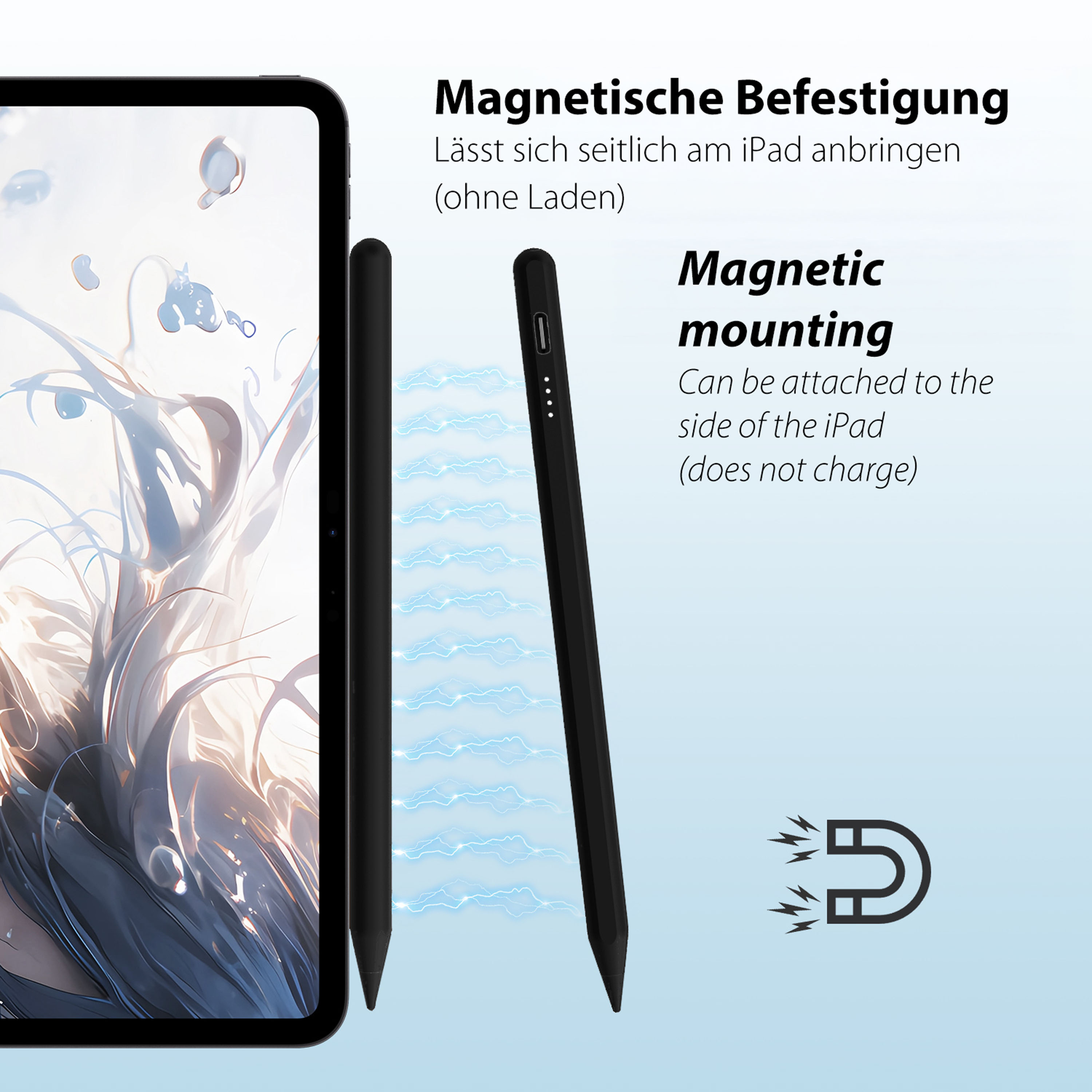 Stylet noir fixé magnétiquement à l'iPad, avec éclairs et icône d'aimant.