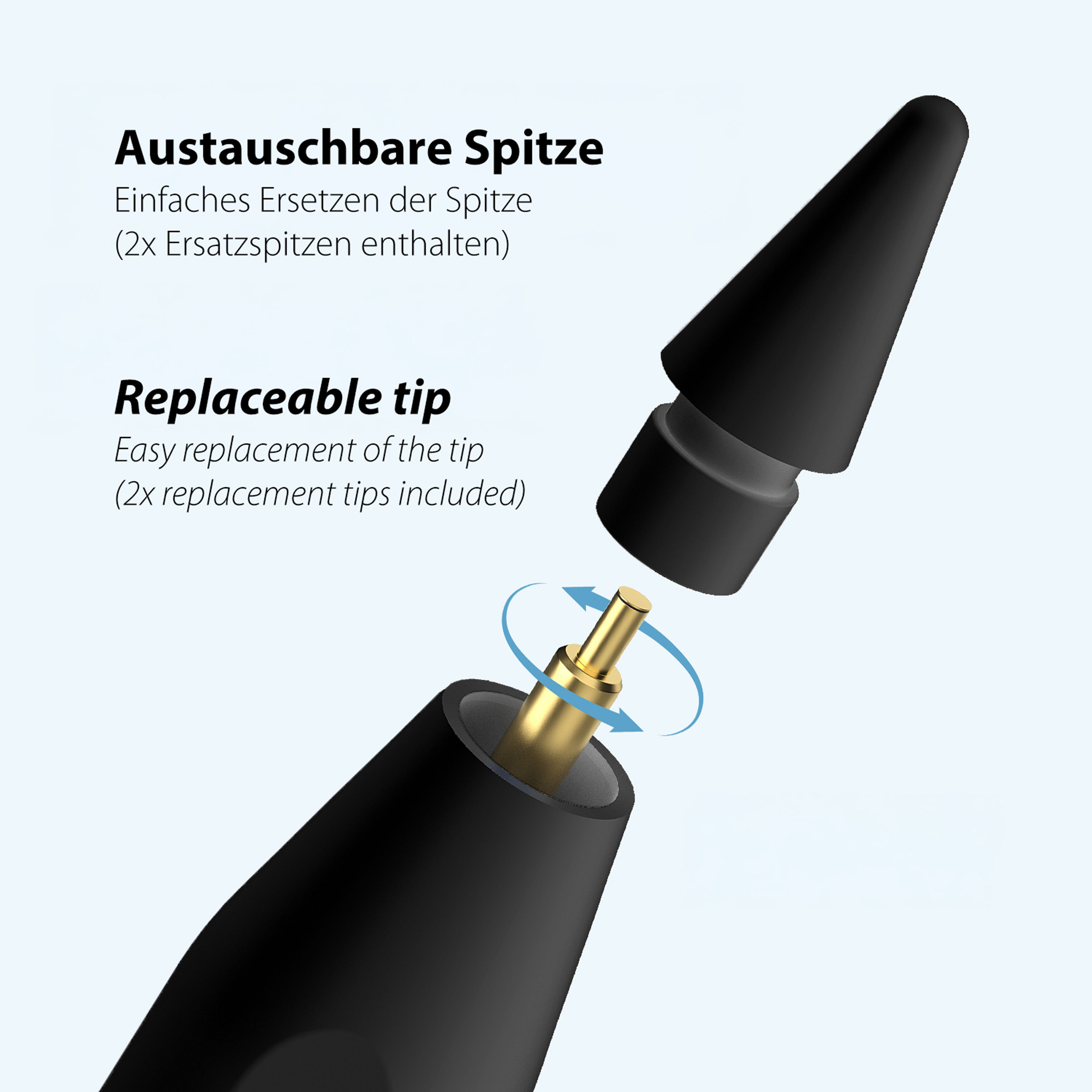 Gros plan d'une pointe de stylet noir avec une pointe dorée en cours de remplacement.