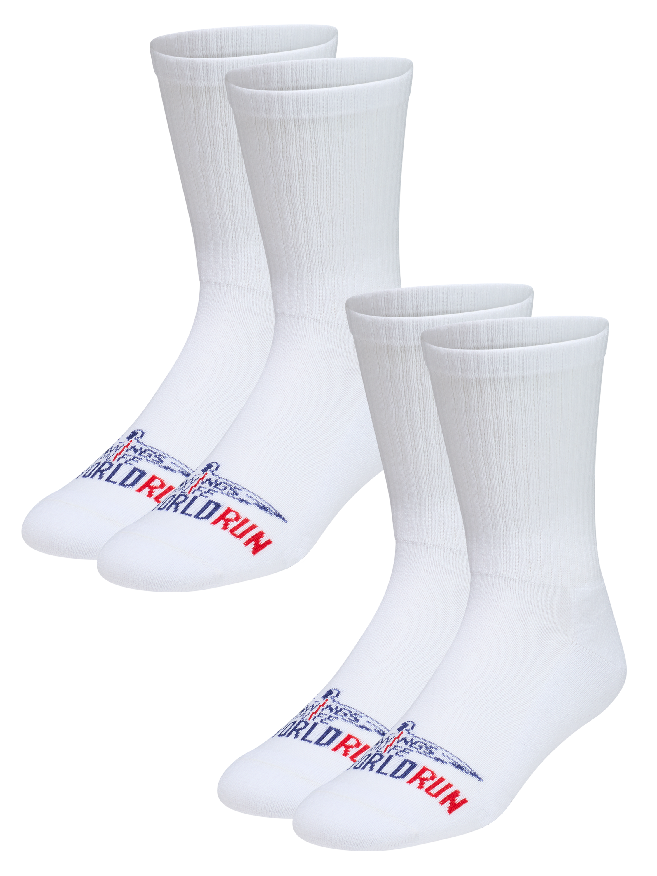 Vier weiße Socken mit blau-rotem Logo und Schriftzug.