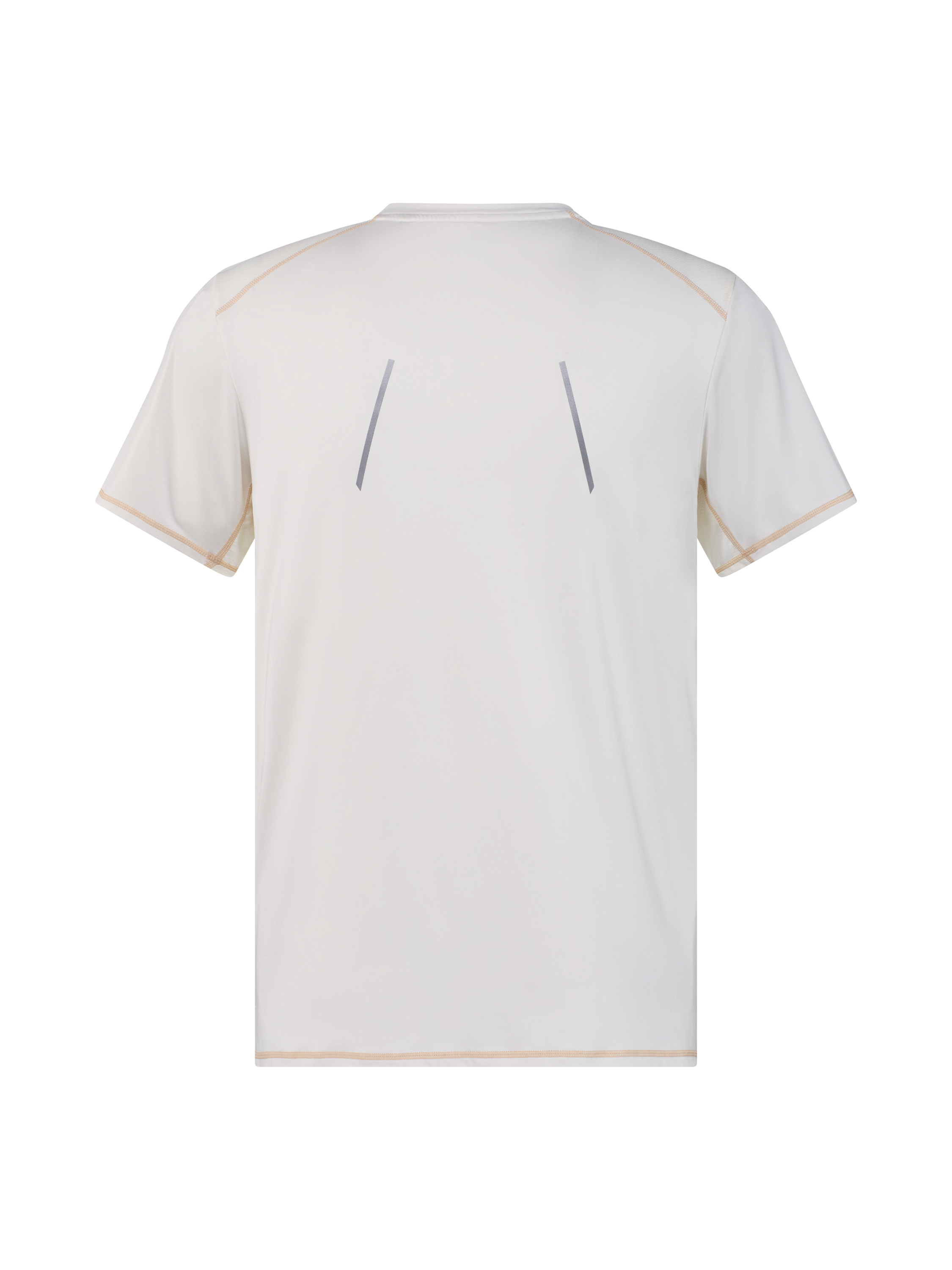 Ein weißes kurzärmeliges T-Shirt mit beigen Nähten und zwei grauen Linien.