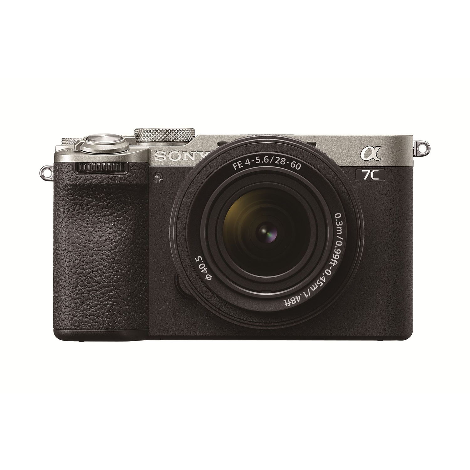 Una fotocamera Sony Alpha 7C nera con corpo superiore argentato.