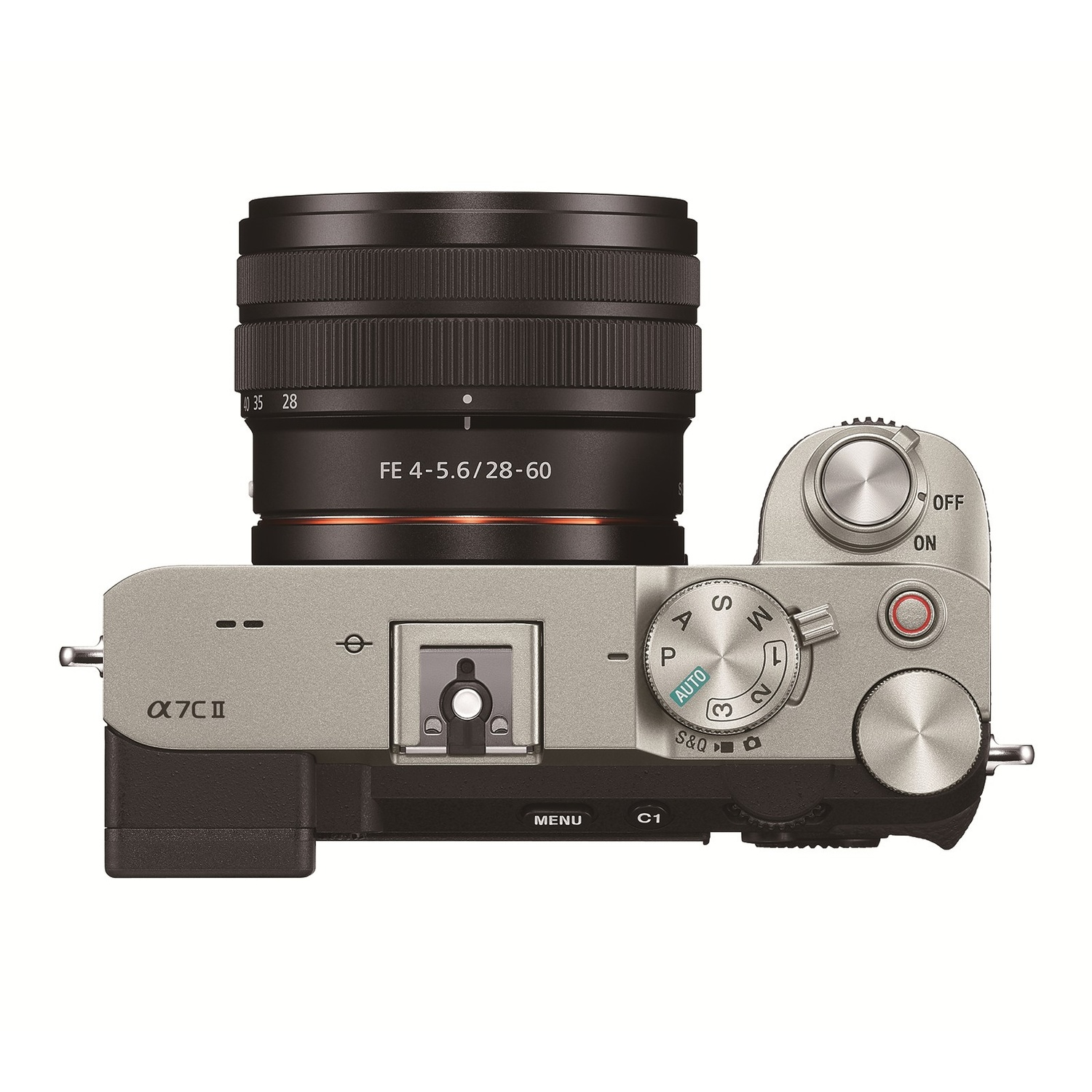Fotocamera Sony Alpha 7C II argento con obiettivo, vista dall'alto.