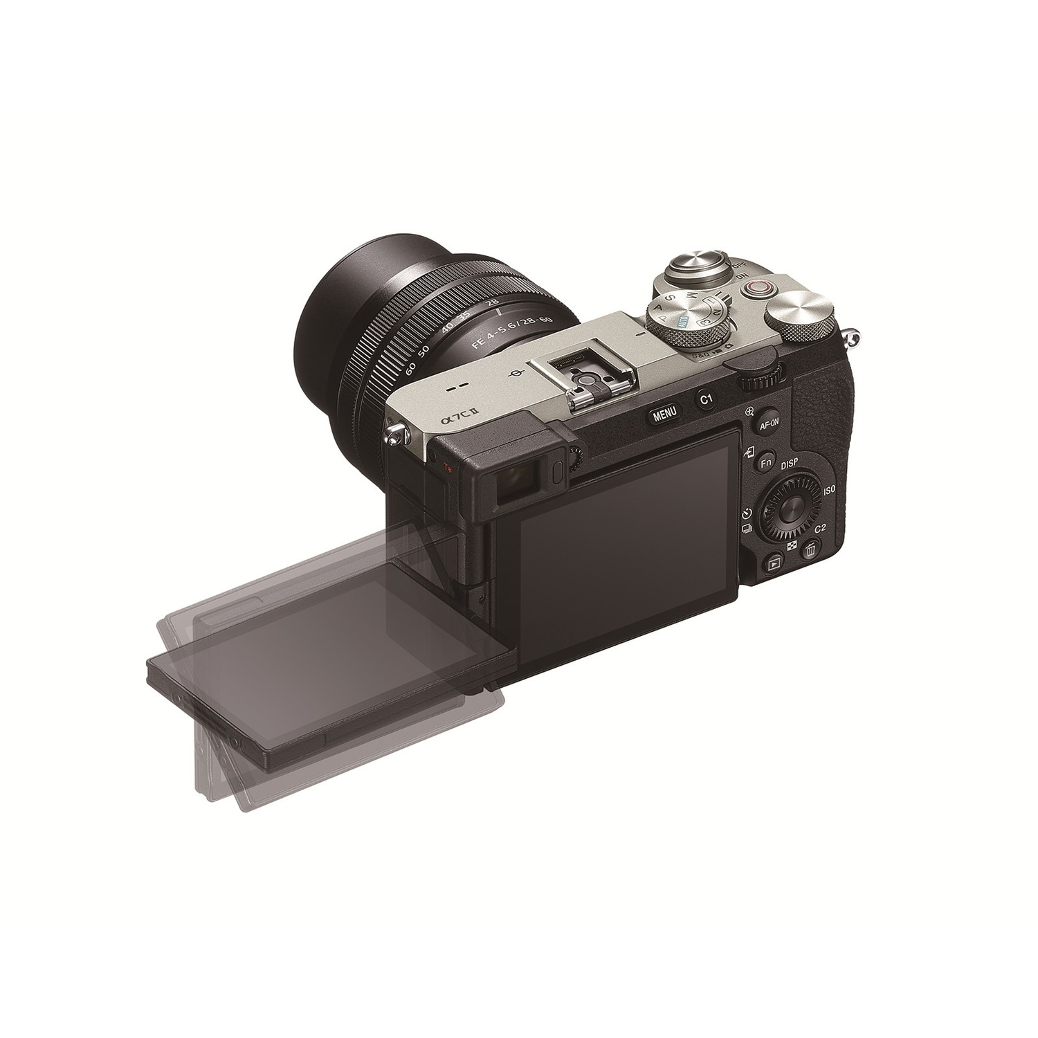 Fotocamera argento con obiettivo, schermo estraibile.