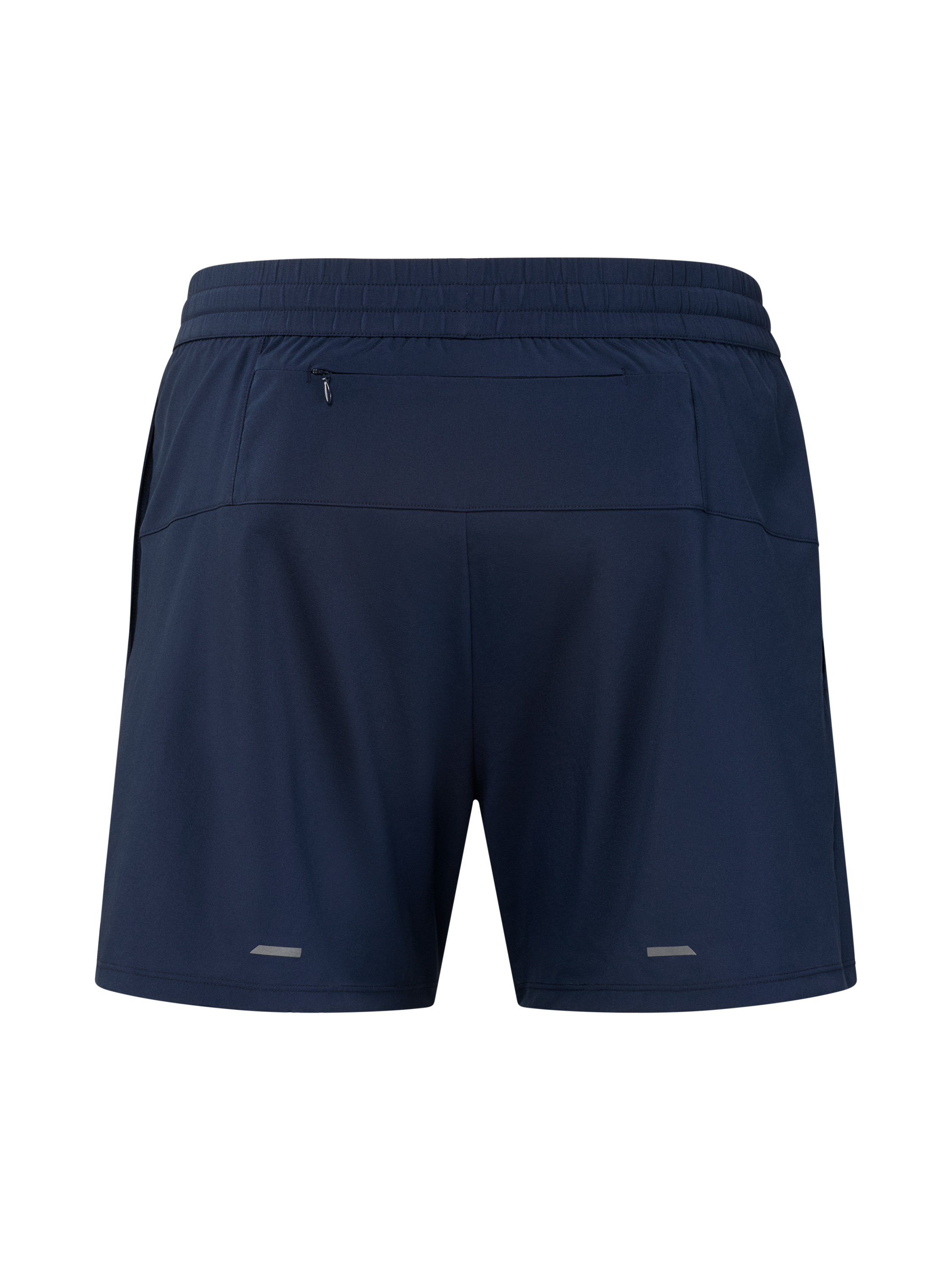Dunkelblaue Laufshorts mit Reißverschlusstasche hinten und reflektierenden Details.
