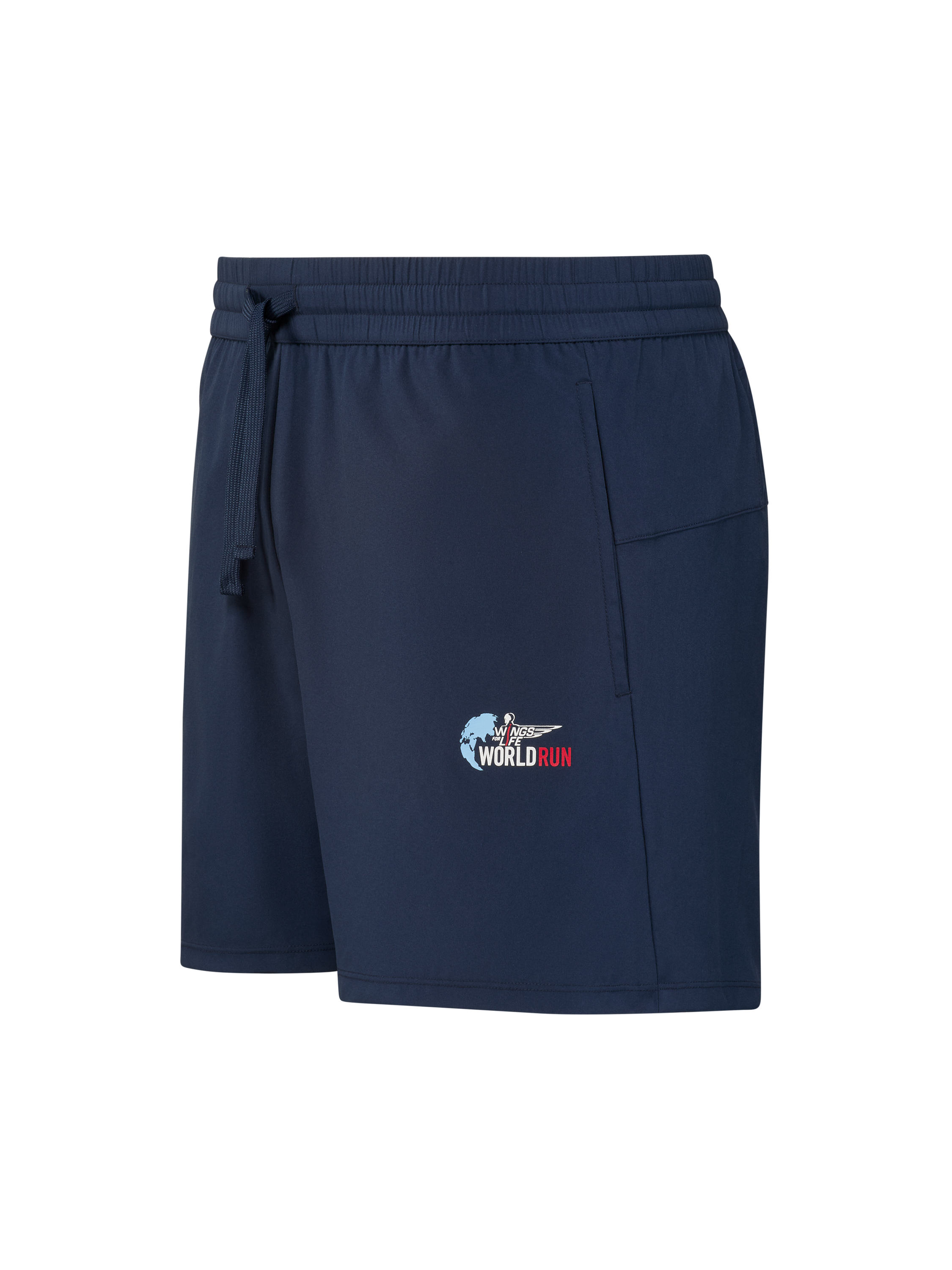 Dunkelblaue Shorts mit Kordelzug und einem Logo.