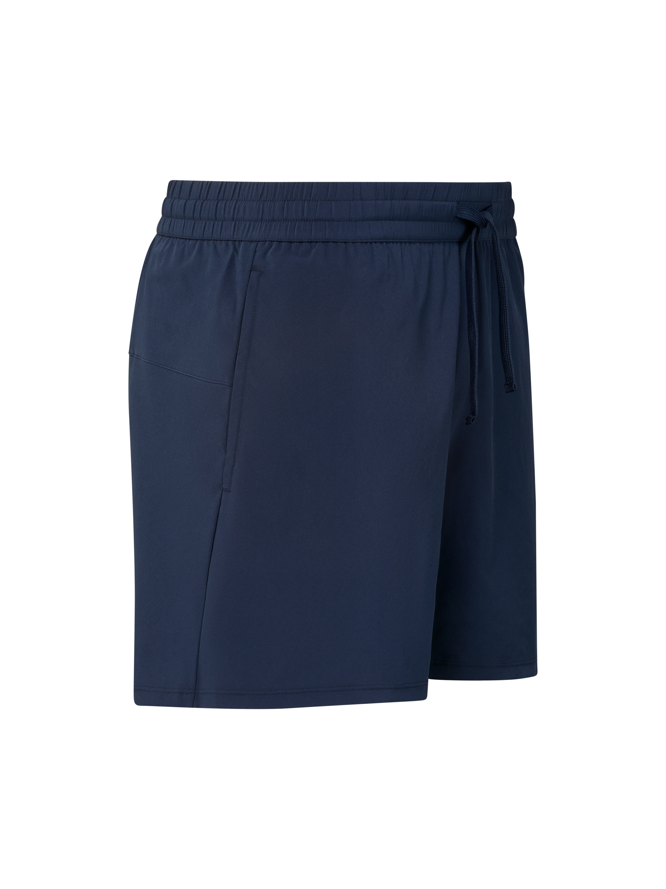 Dunkelblaue Shorts mit elastischem Bund und Kordelzug. Eine Tasche ist sichtbar.