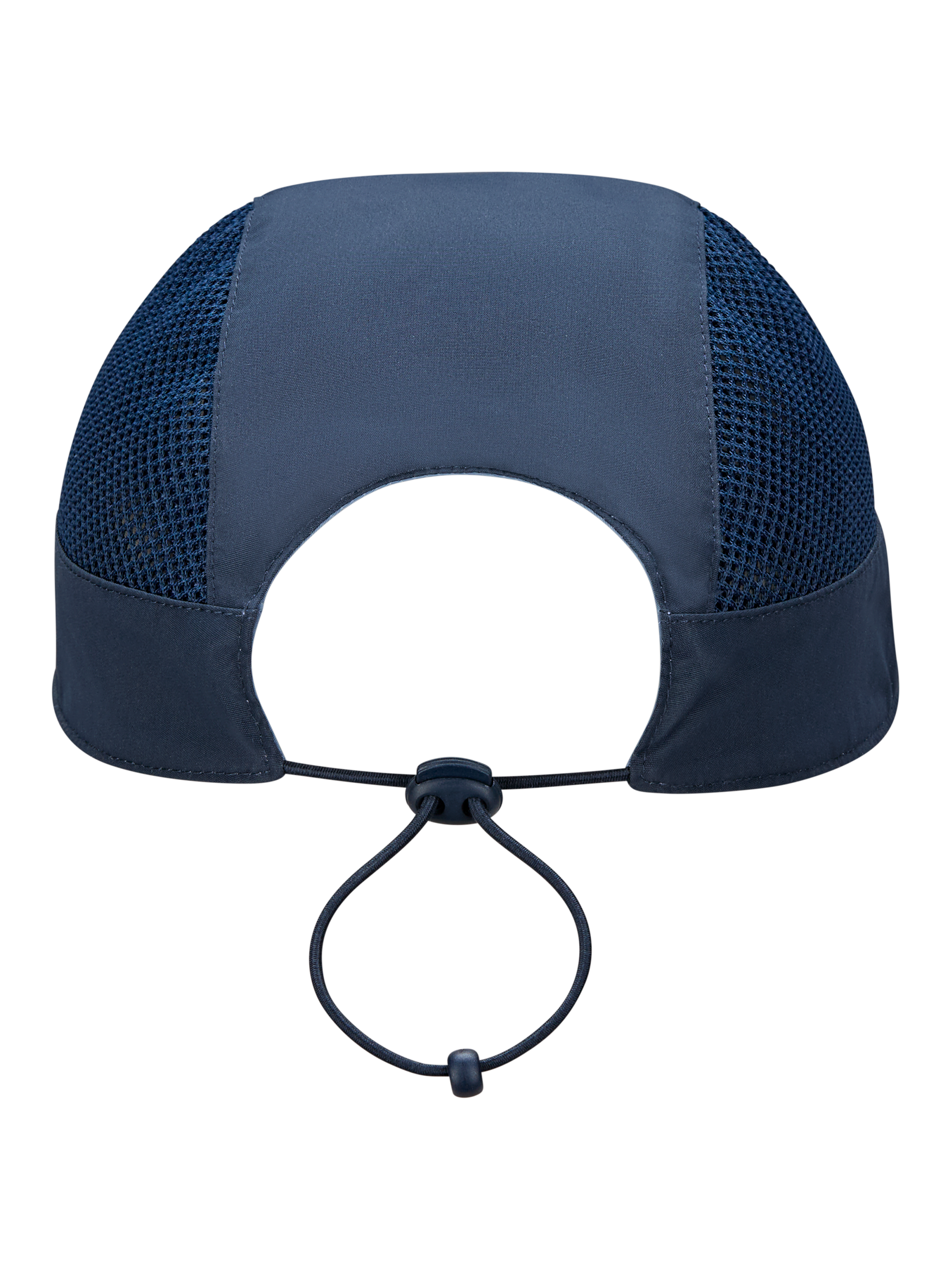 Dunkelblaue Kappe mit Mesh-Seiten und verstellbarem Kordelzug.