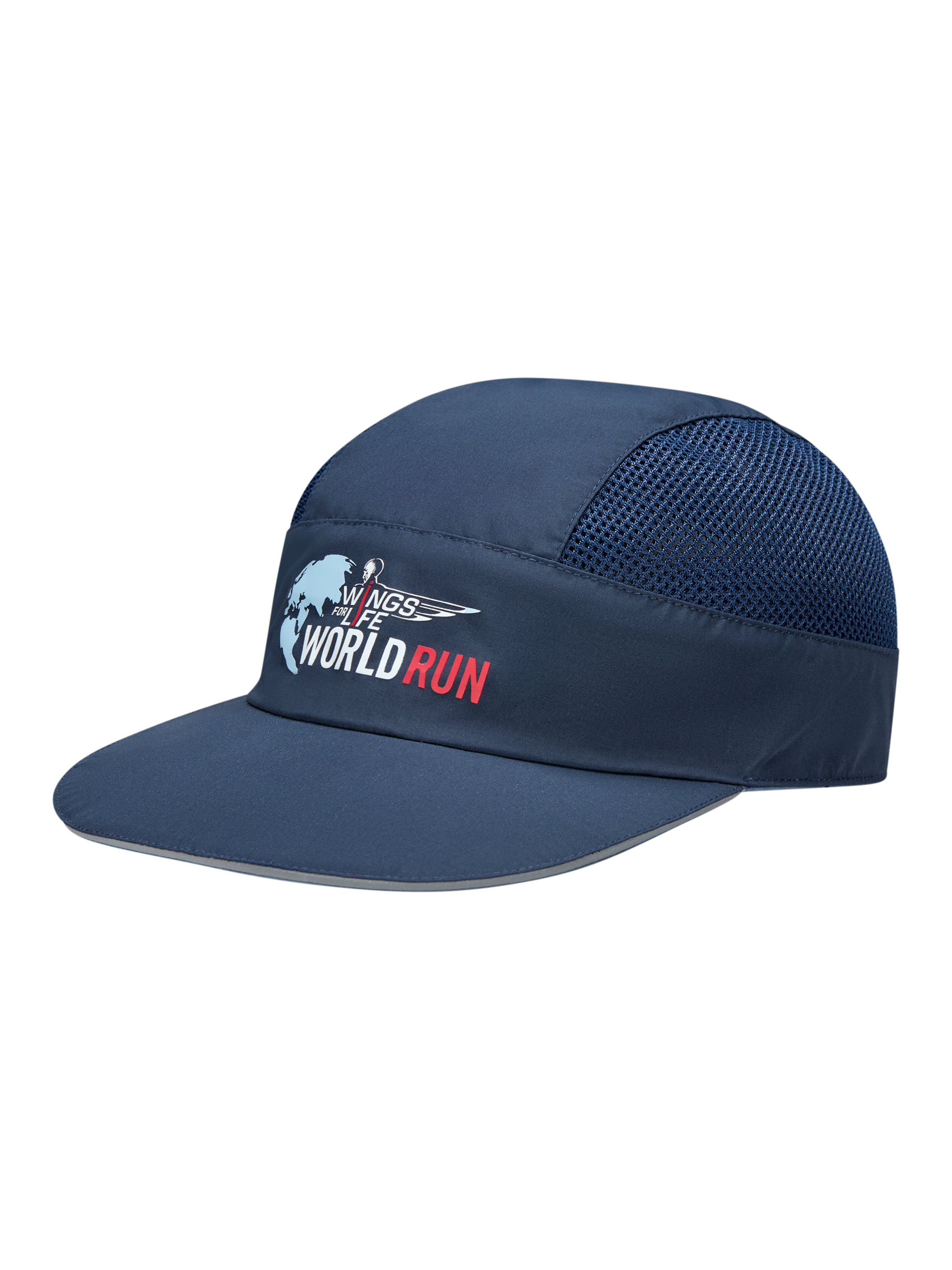 Dunkelblaue Kappe mit "Wings for Life World Run"-Logo und Mesh-Einsätzen.