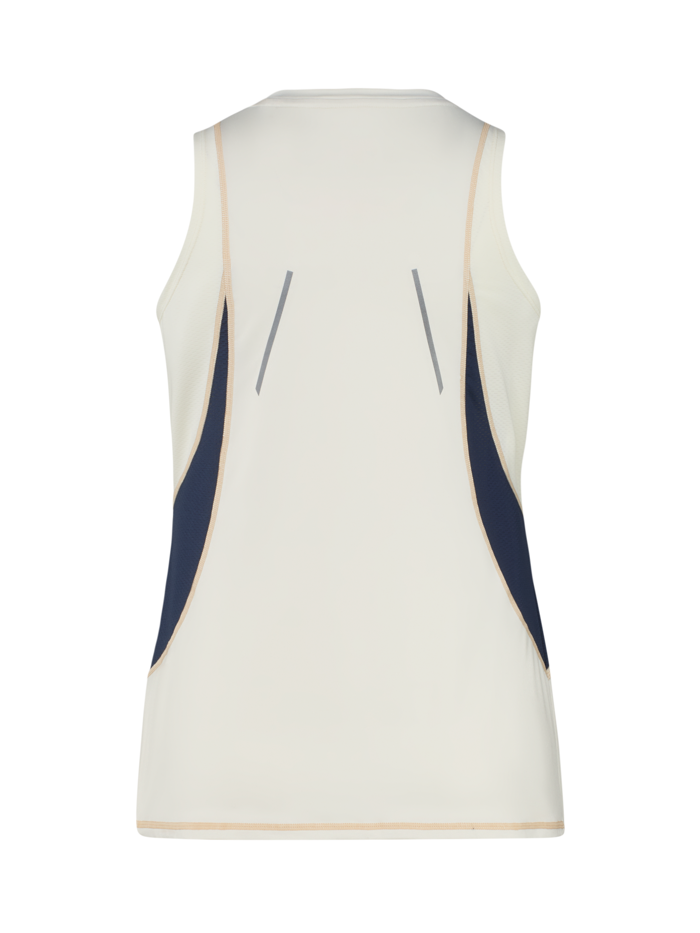 Ein cremefarbener Damen-Sporttop mit dunkelblauen und beigen Akzenten.