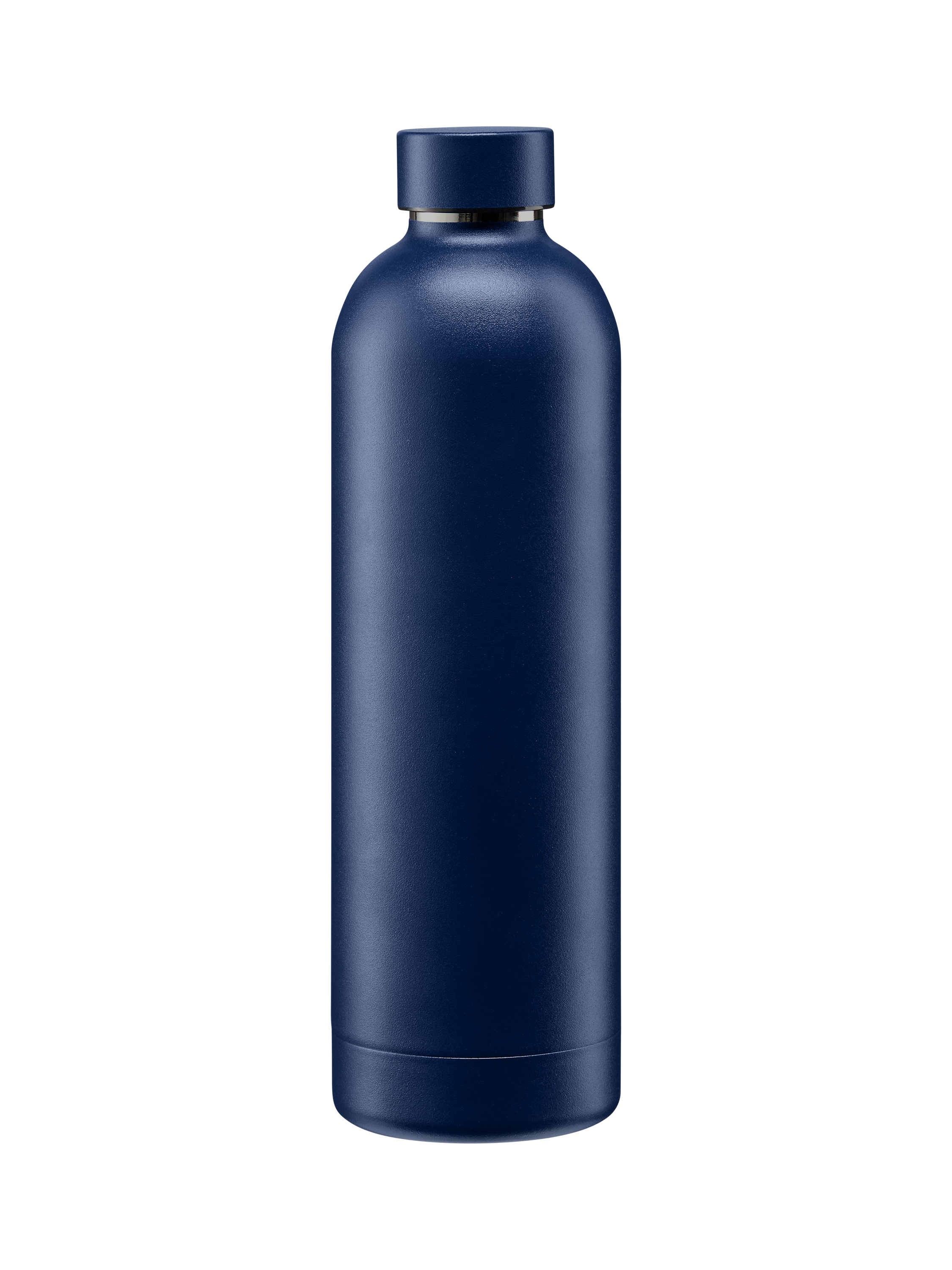 Eine dunkelblaue, matte Wasserflasche mit silbernem Rand am Verschluss.