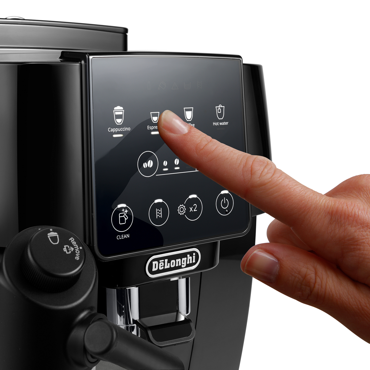Een hand raakt het touchscreen van een koffiezetapparaat aan en selecteert espresso.