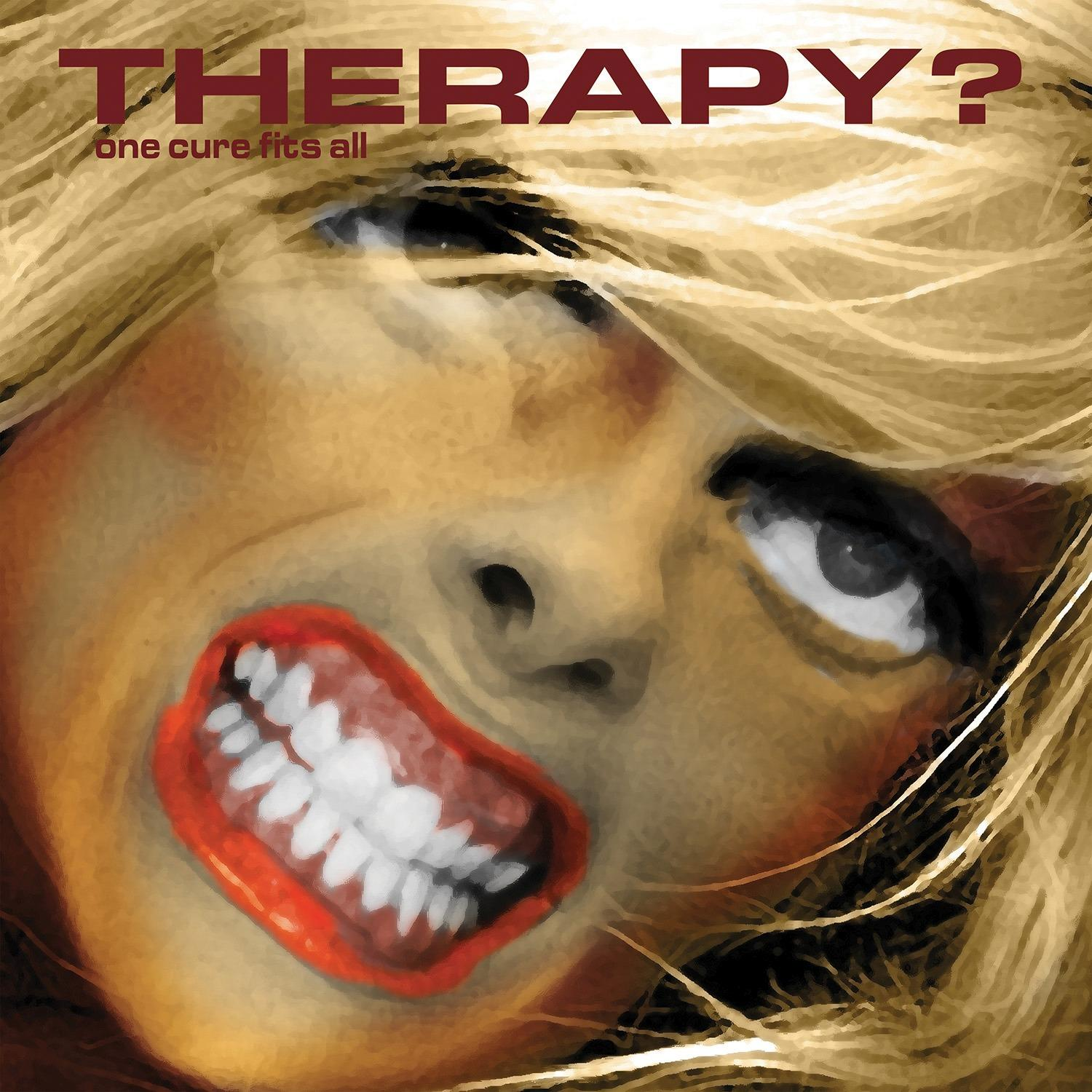 Nahaufnahme eines Gesichts mit blondem Haar und dem Wort THERAPY?