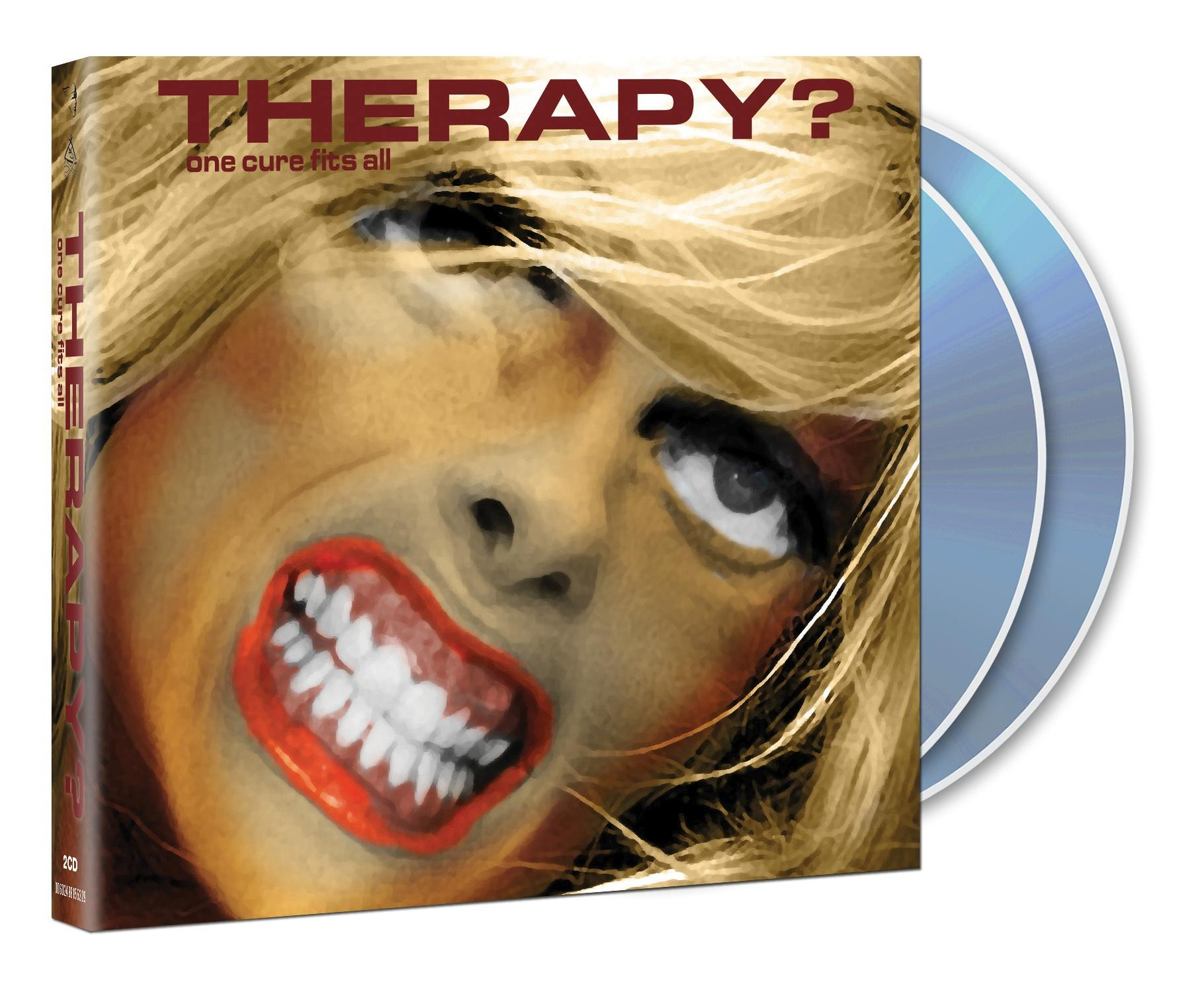 CD-Hülle mit Frauengesicht, Titel: THERAPY? one cure fits all. Zwei CDs daneben.