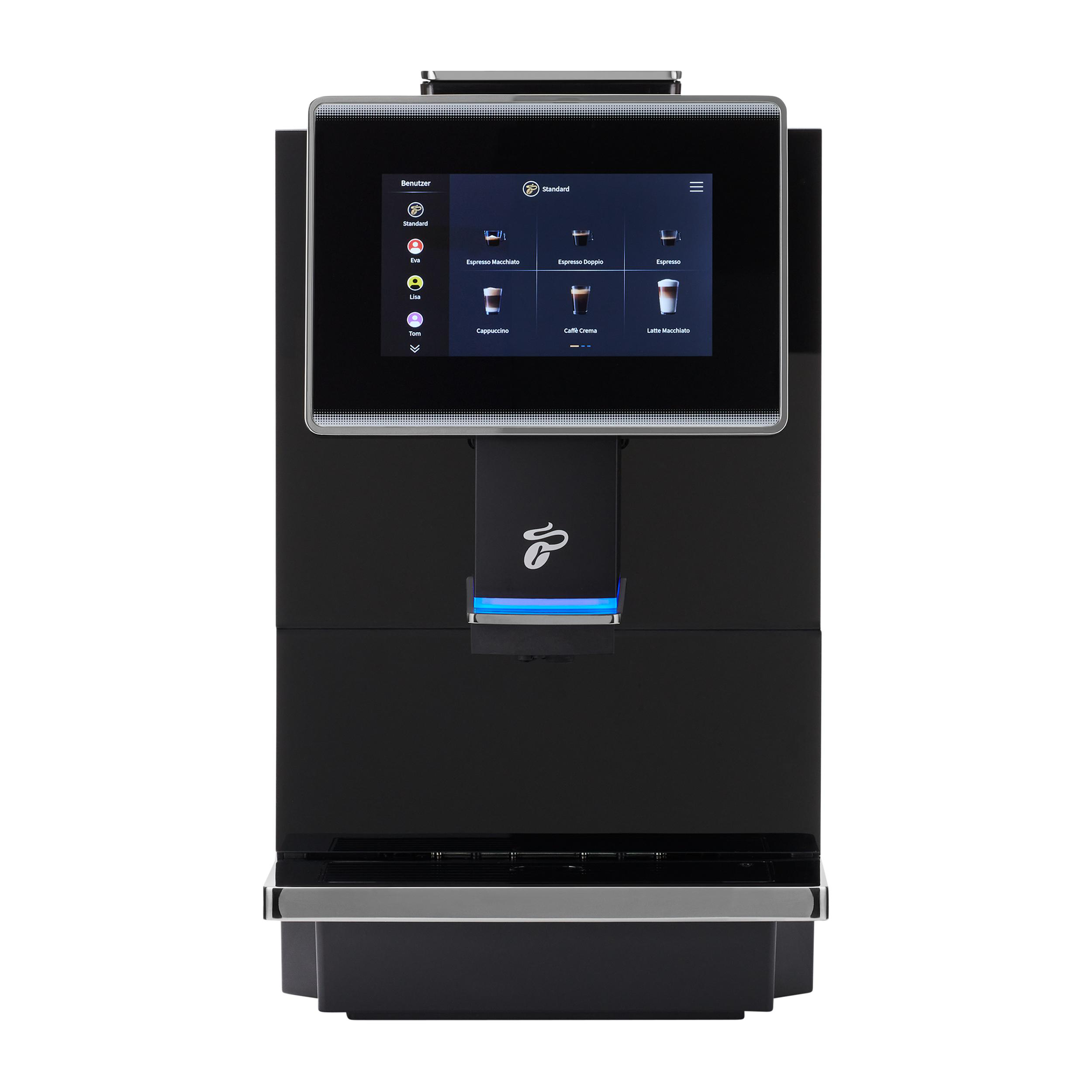 Schwarze Kaffeemaschine mit Touchscreen-Display, das Kaffeeoptionen anzeigt.