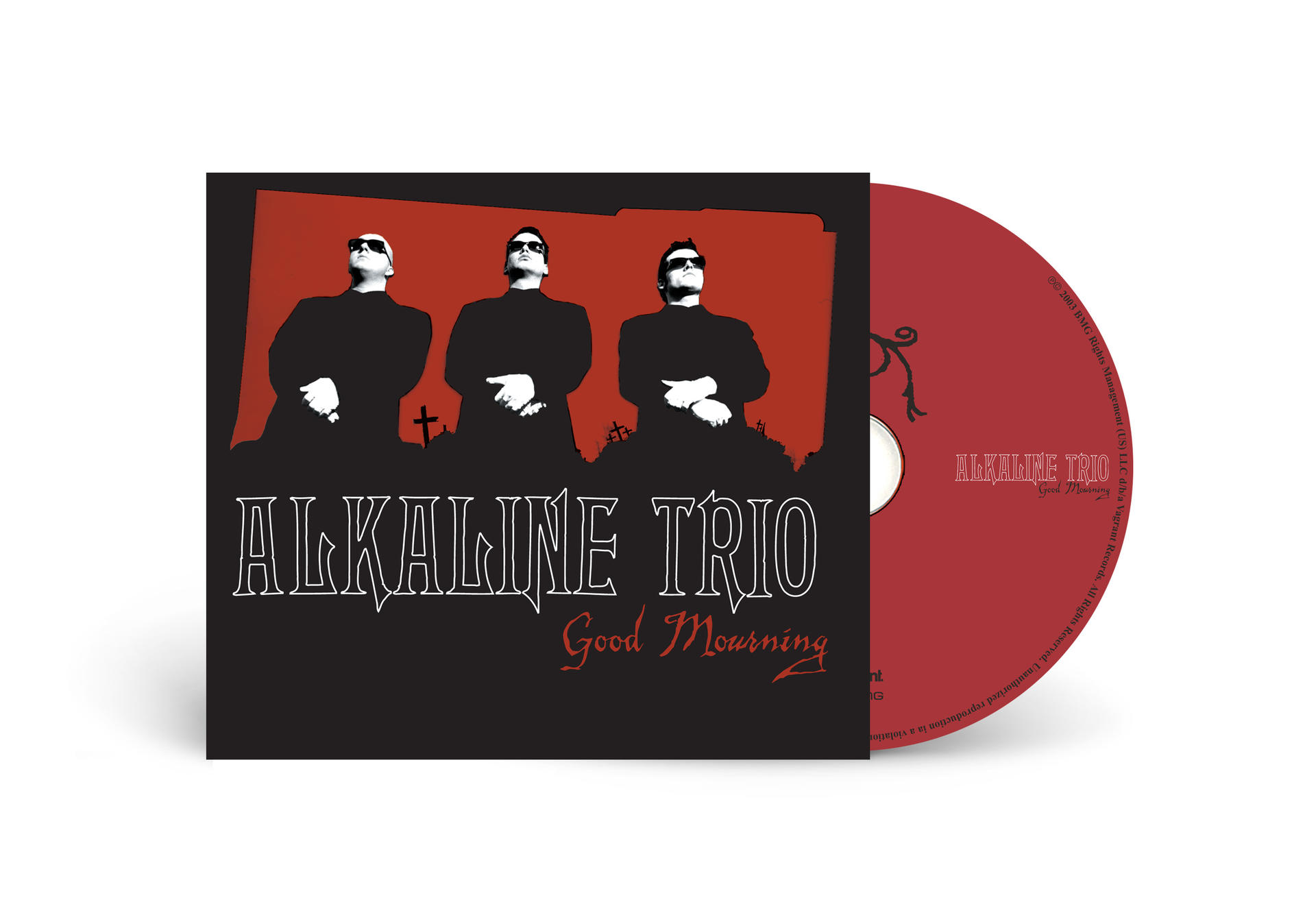 Alkaline Trio Albumcover mit drei Männern und CD.