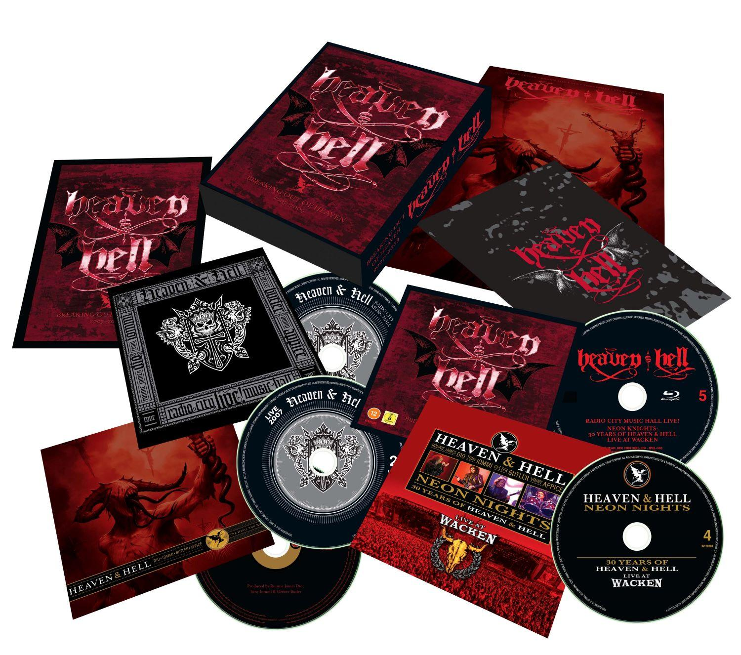 Eine Sammlung von Heaven & Hell CDs und DVDs mit roten und schwarzen Motiven.