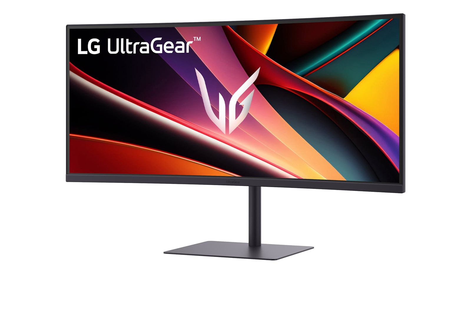 Egy LG UltraGear monitor, absztrakt, színes háttérrel és ezüst LG logóval.