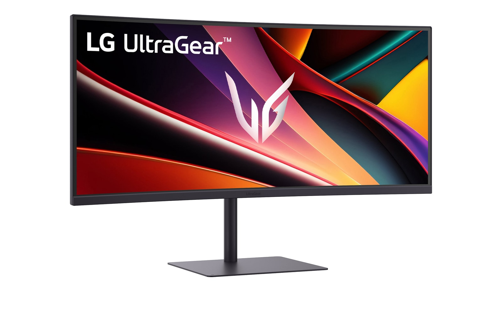 Egy LG UltraGear monitor absztrakt, piros, sárga és kék vonalakkal.
