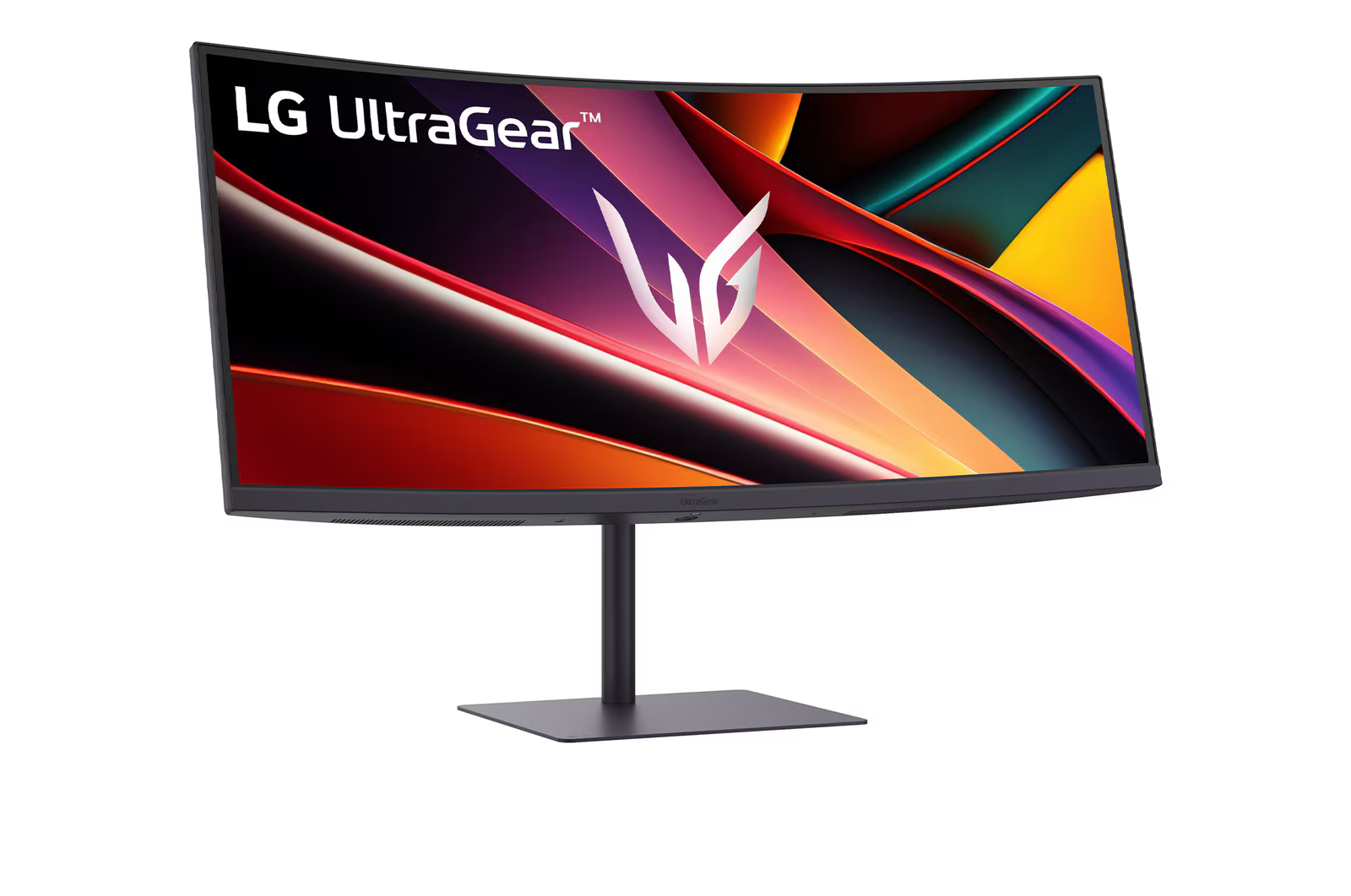 Ívelt LG UltraGear monitor színes absztrakt grafikával és LG logóval.