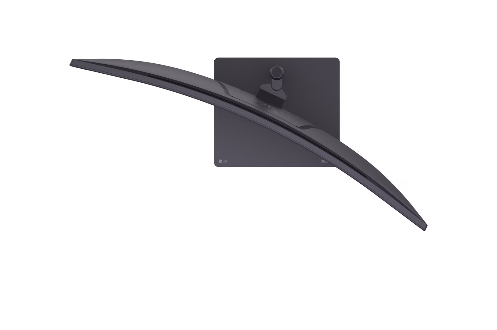 Egy fekete LG Ultrafine monitor felülnézetből, ívelt képernyővel.