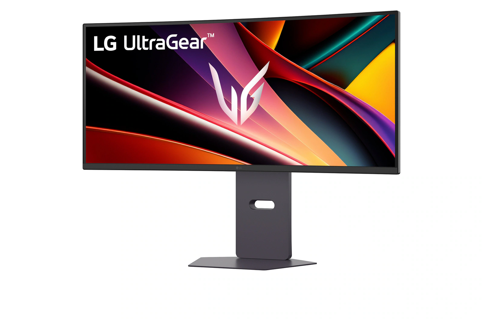 Egy LG UltraGear monitor absztrakt, színes háttérrel és LG logóval.