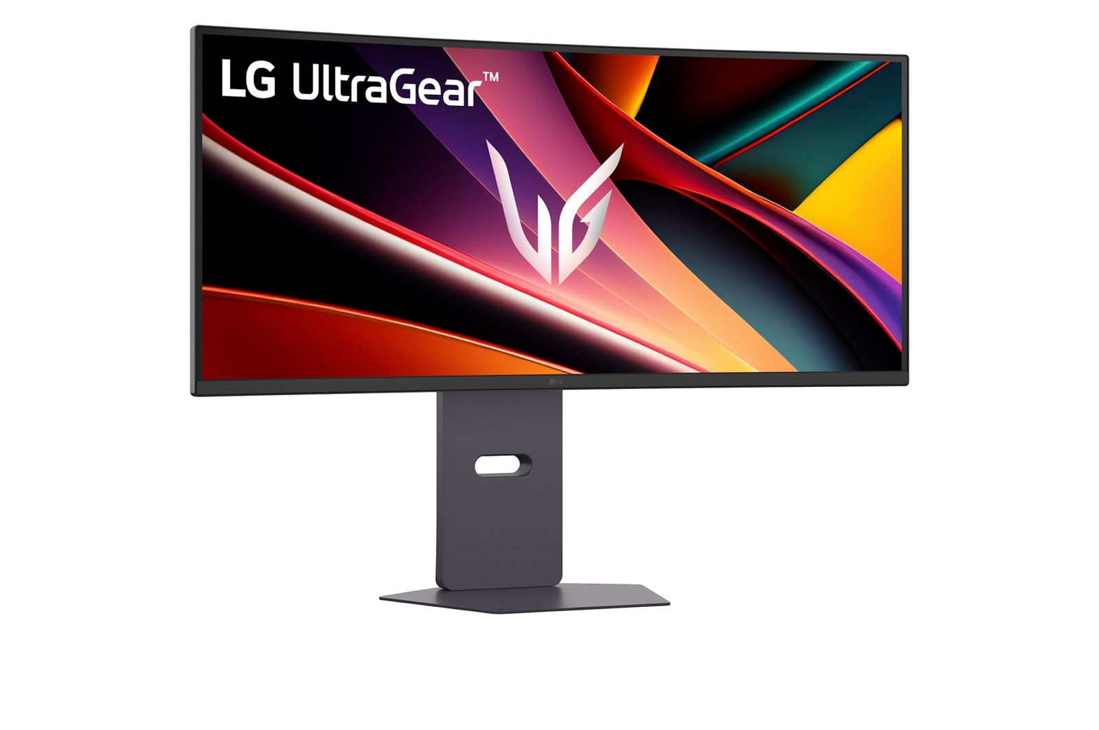 Egy LG UltraGear monitor, absztrakt, színes háttérképpel és stilizált logóval.