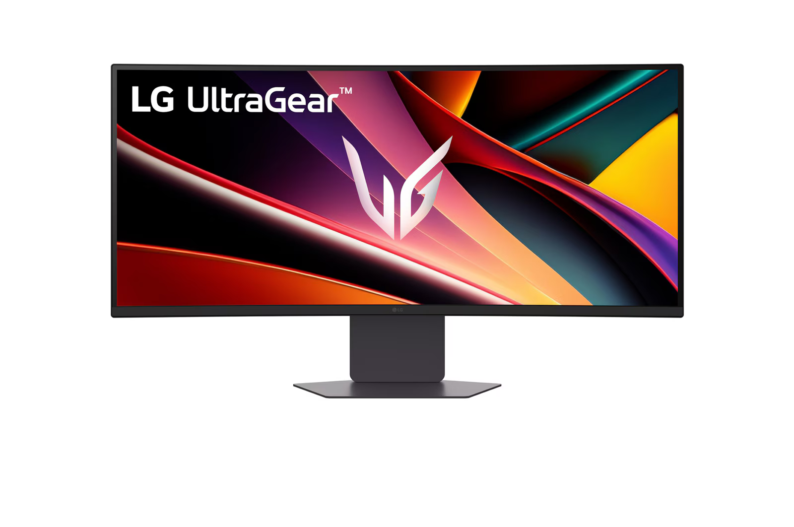 Egy széles LG UltraGear monitor absztrakt, színes háttérrel.