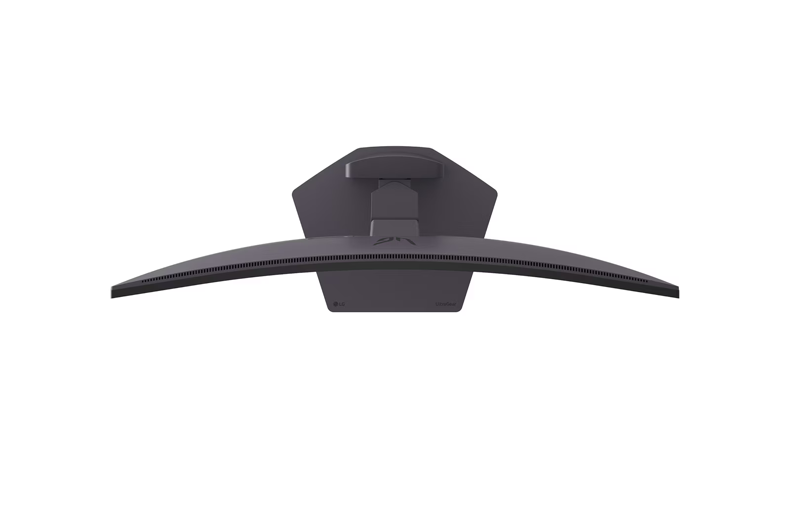 Ívelt LG UltraGear monitor felülnézetben, fehér háttérrel.