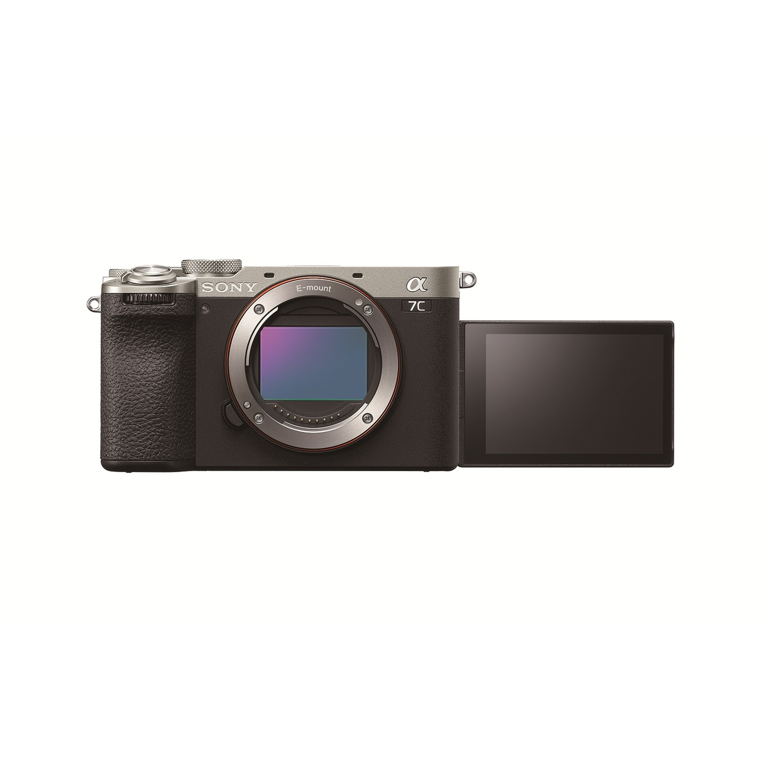 Una fotocamera Sony Alpha 7C con corpo argento e nero e schermo esteso.