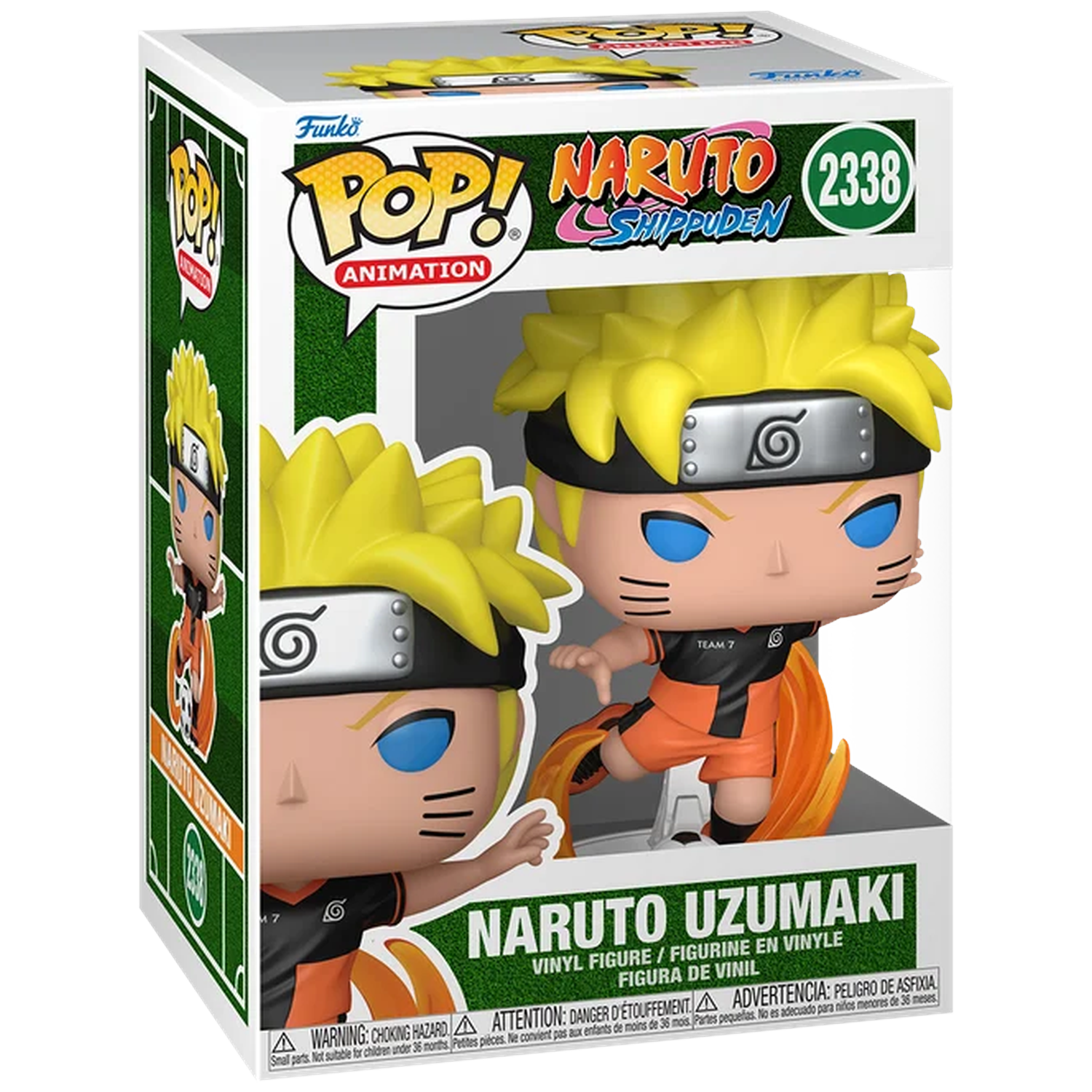 Funko Pop! Naruto Uzumaki vinyl figure in box. Naruto has yellow hair and wears orange and black attire.