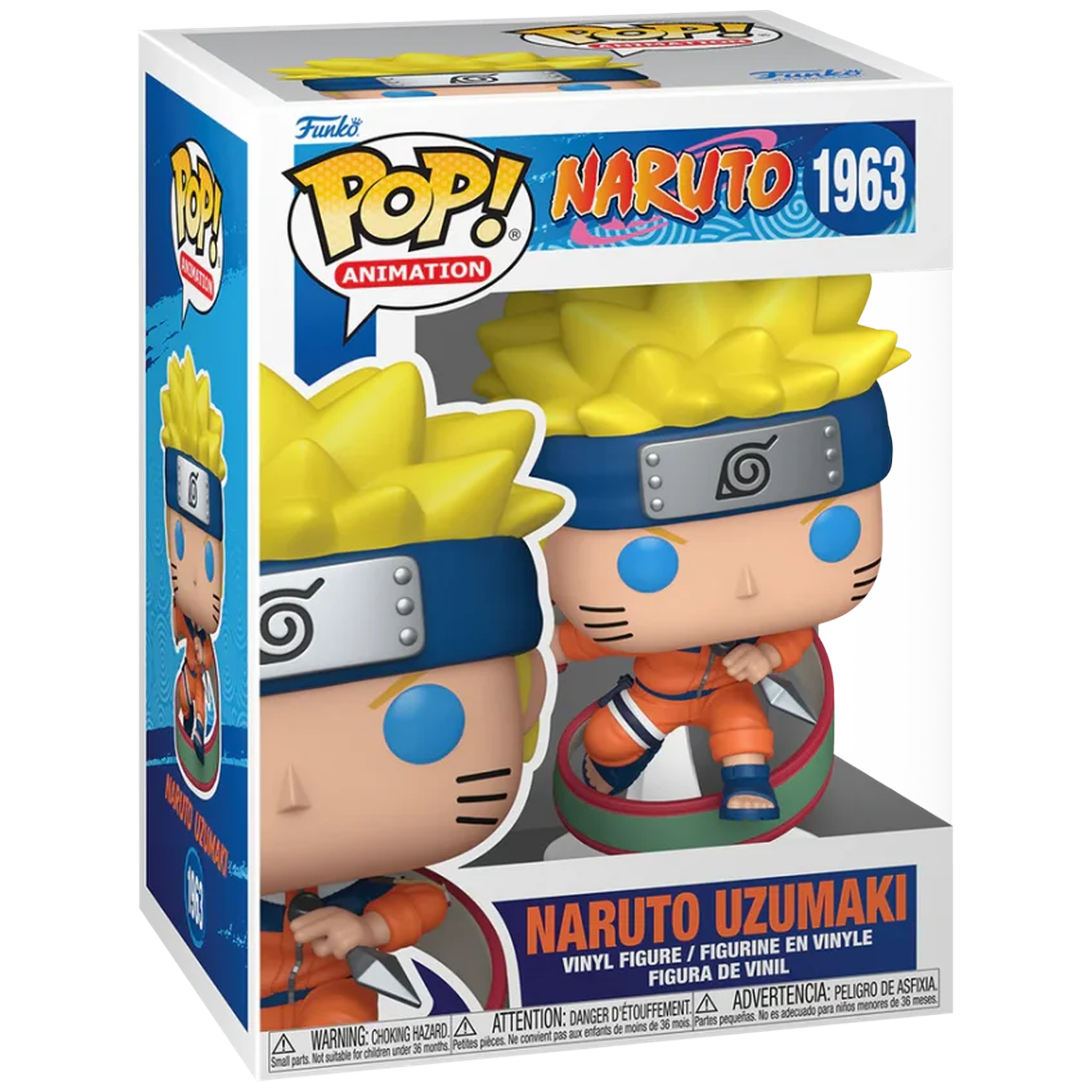 A Funko Pop! vinyl figure of Naruto Uzumaki in its box, holding a kunai knife.
