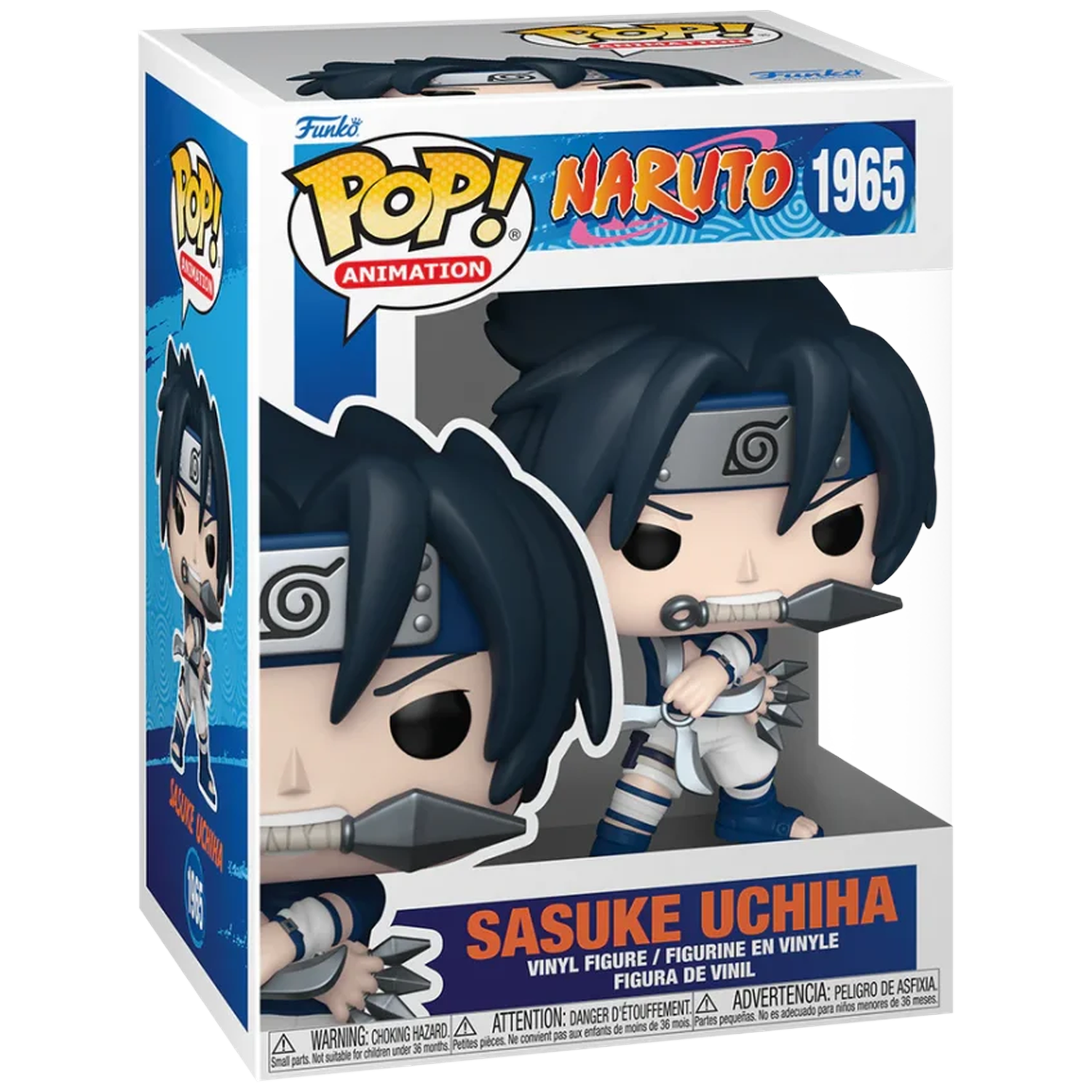 Funko Pop figure of Sasuke Uchiha from Naruto, holding two kunai knives.