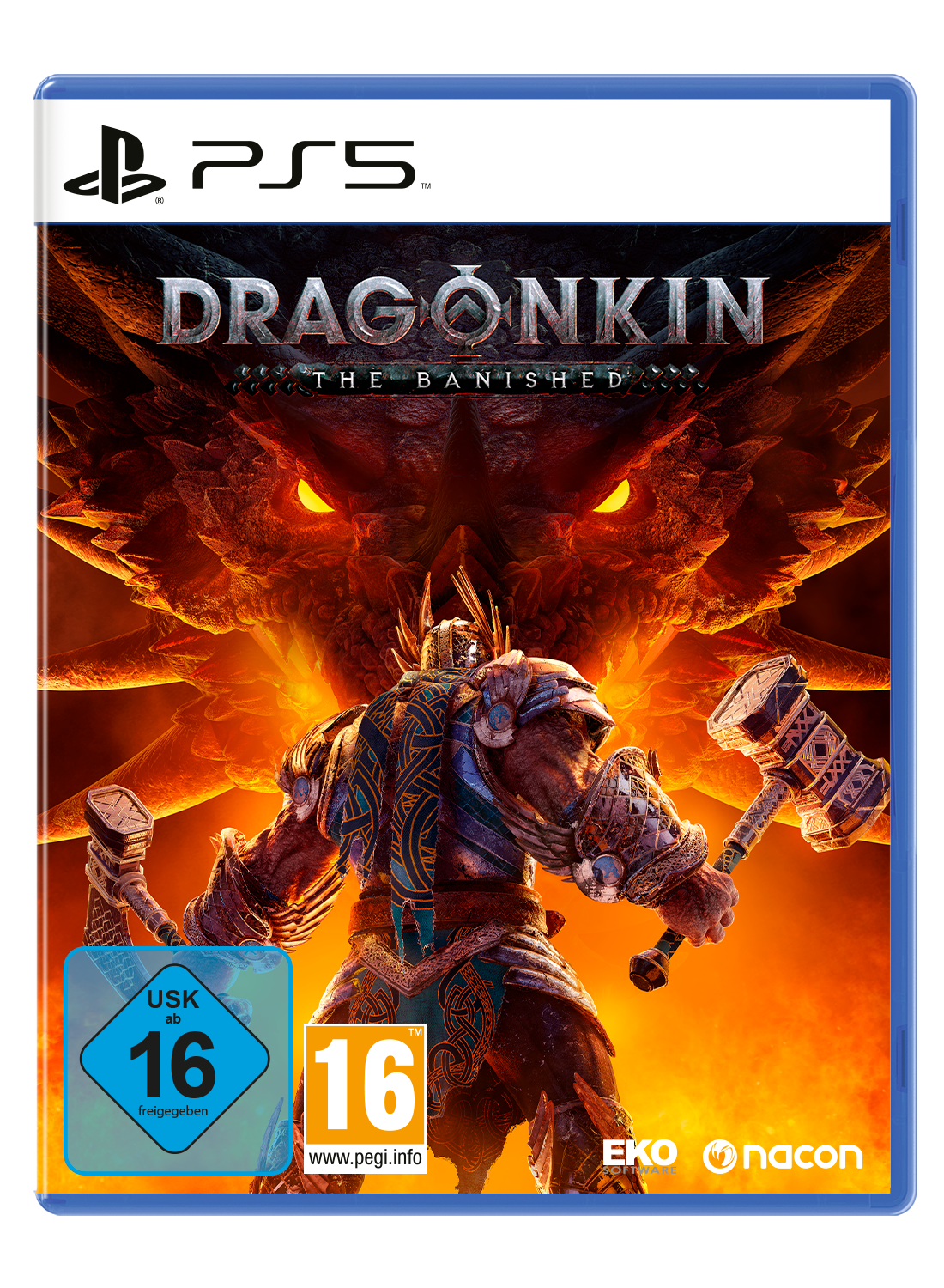 Ein Krieger mit Hämmern steht vor einem Drachenkopf. PS5-Spielcover.