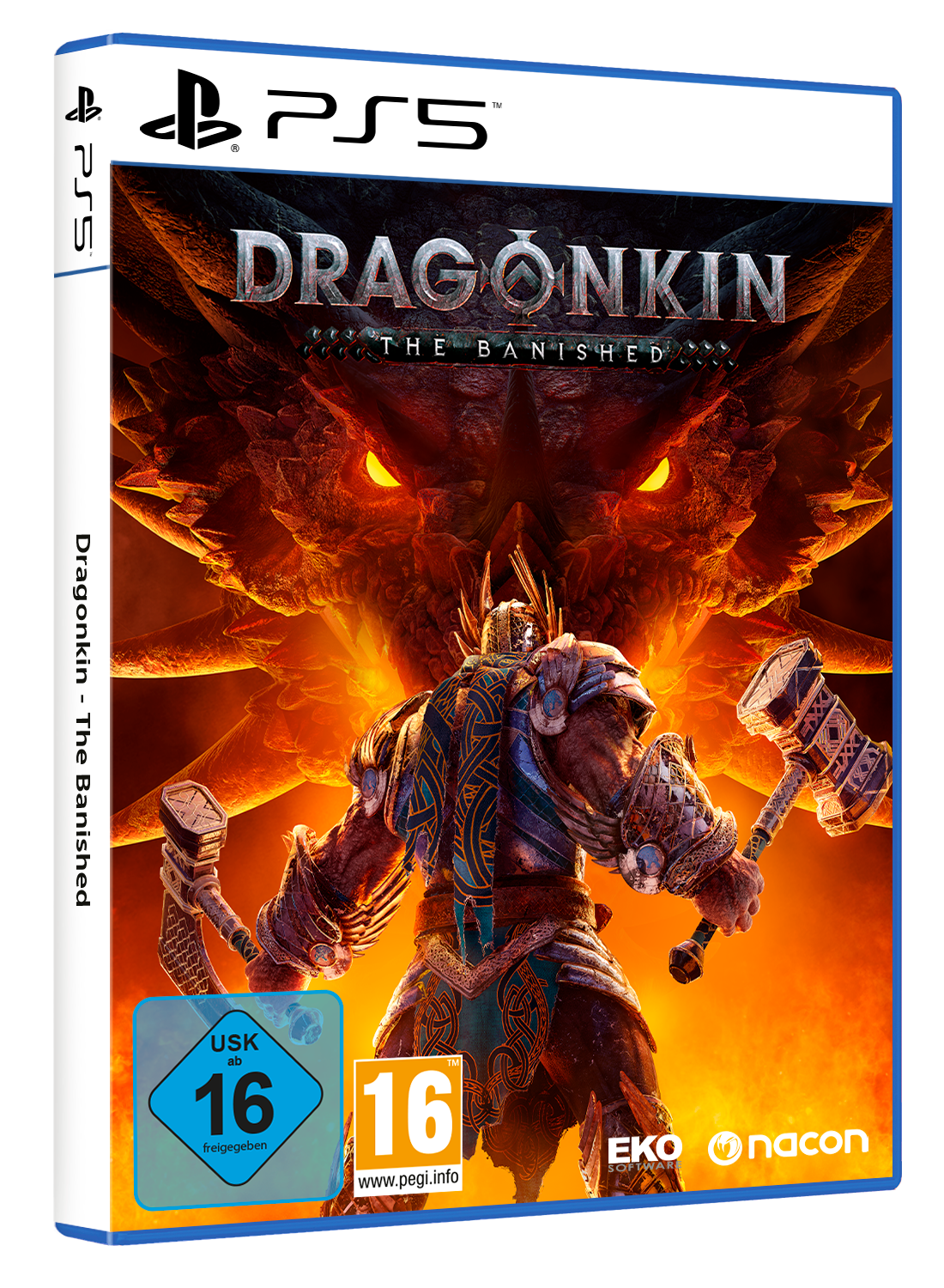 PS5 Spielcover: Krieger mit Hammer und Axt vor Drachenkopf.