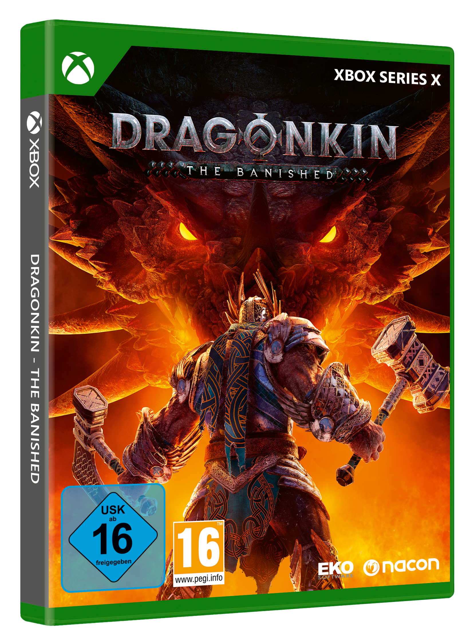 Ein Krieger mit Hämmern steht vor einem Drachenkopf auf der Xbox-Hülle.