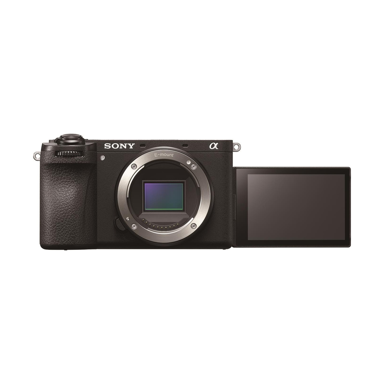 Una fotocamera Sony Alpha nera con lo schermo esteso.