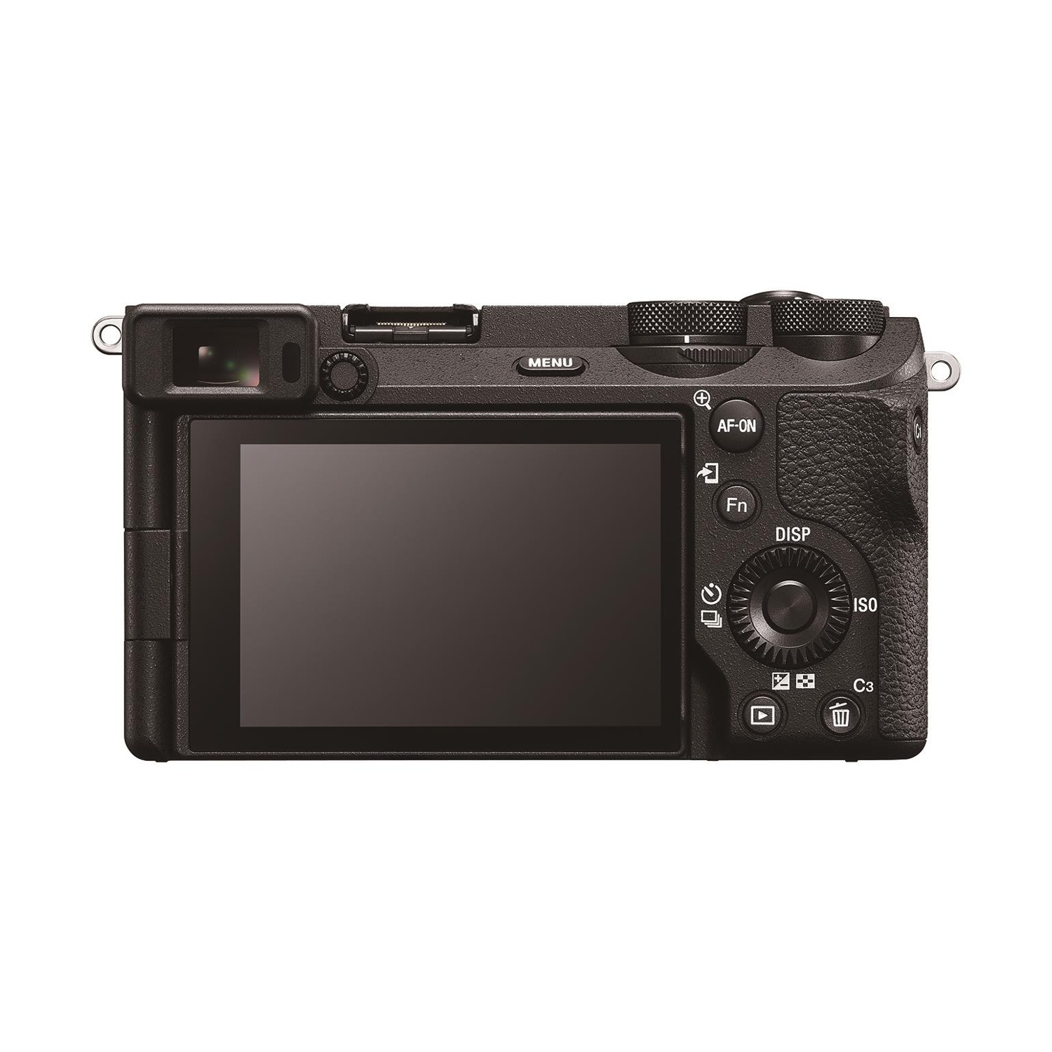 Vista posteriore di una fotocamera digitale nera con schermo LCD e pulsanti di controllo.