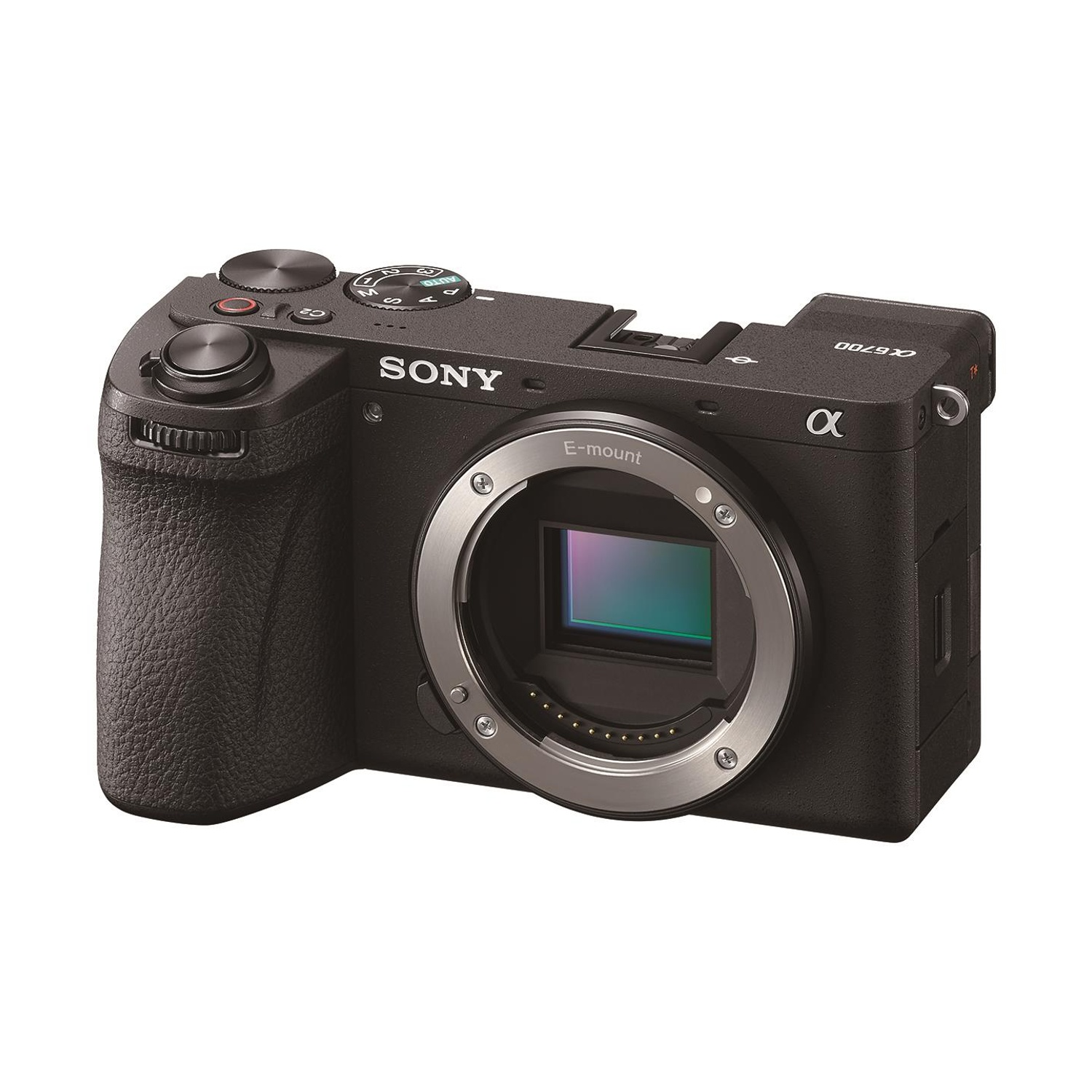 Fotocamera Sony Alpha 6700 nera con attacco E e ghiera lente argentata.