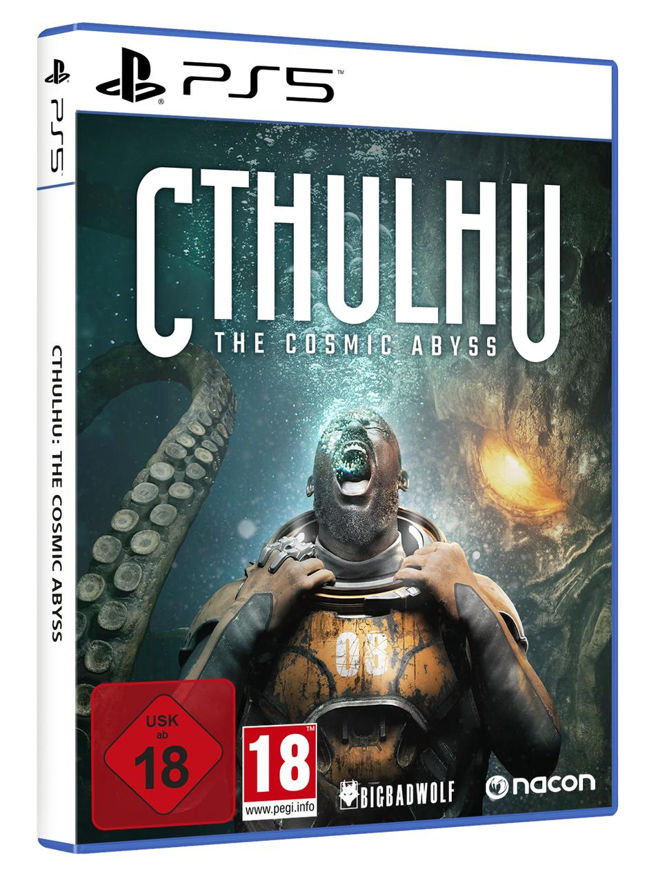 Ein Mann in einem Taucheranzug schreit, ein Tentakel im Hintergrund. PS5-Spielcover.