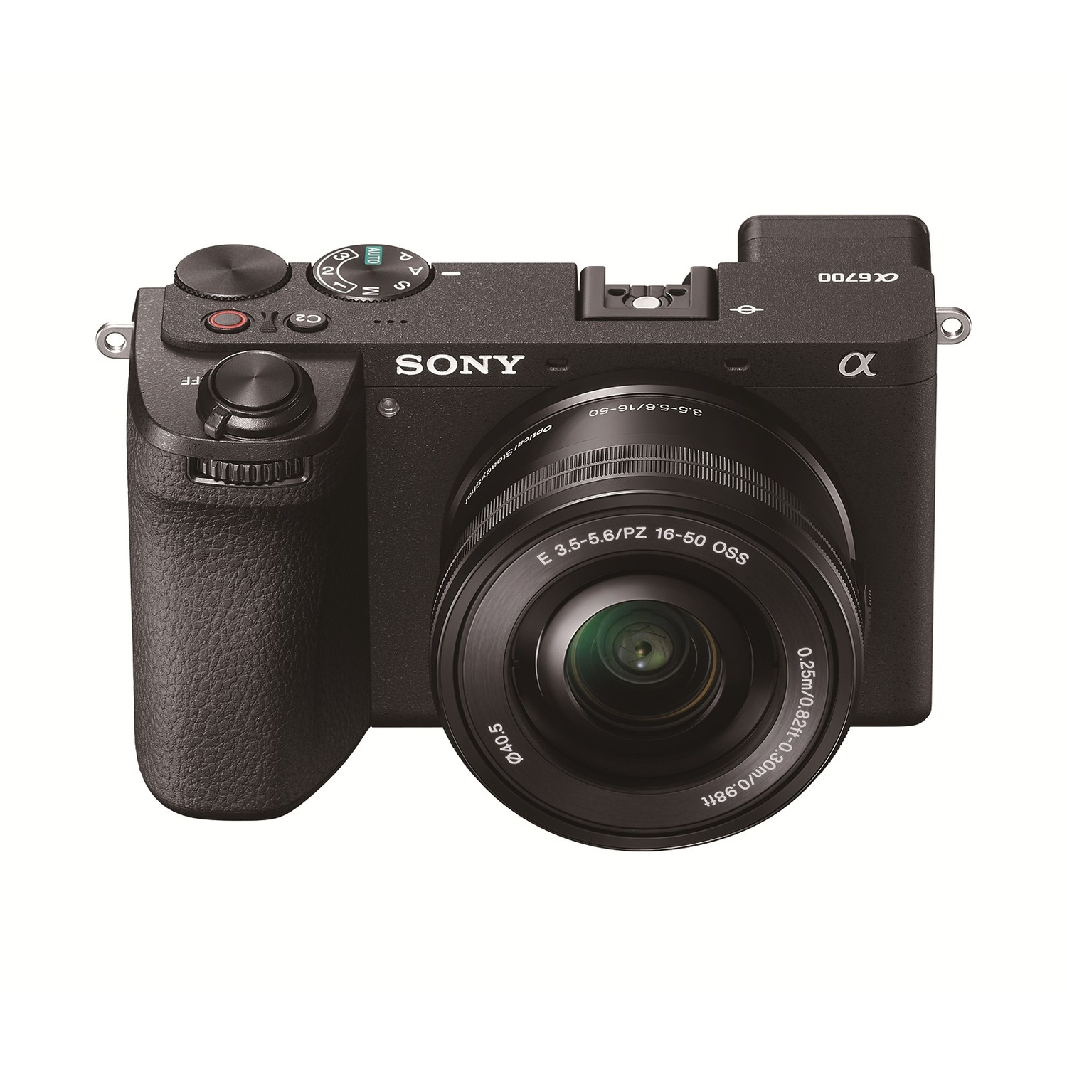 Una fotocamera mirrorless Sony Alpha a6700 nera con obiettivo 16-50mm.
