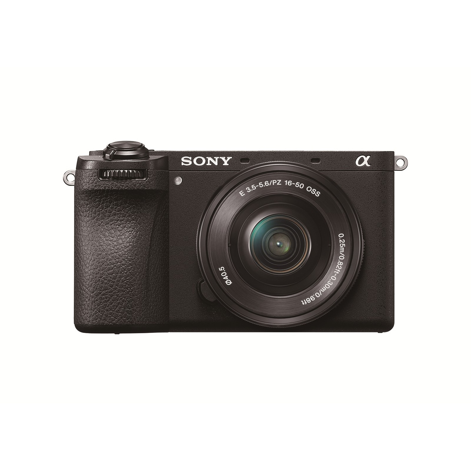 Fotocamera Sony Alpha nera con obiettivo. Testo: SONY, Alpha, E 3.5-5.6/PZ 16-50 OSS.