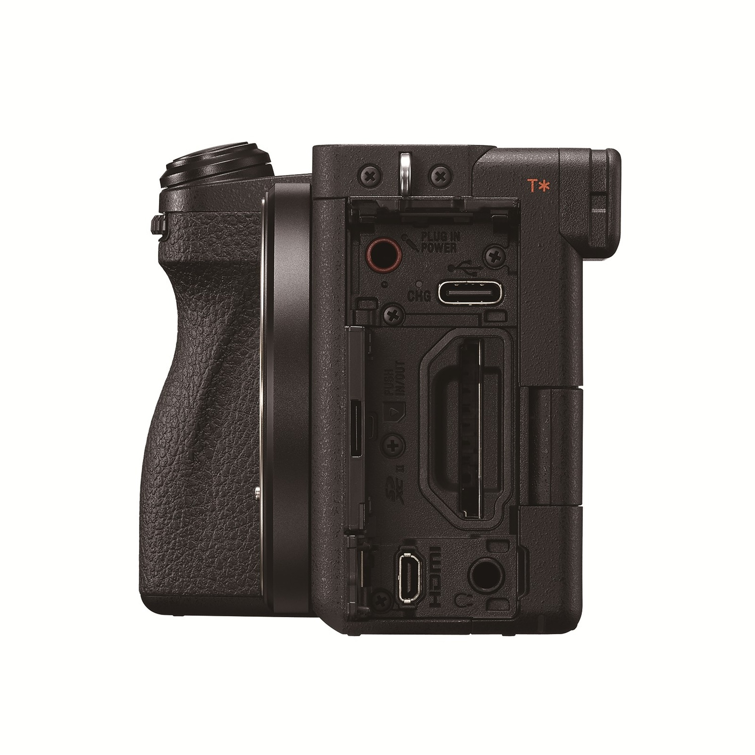 Fotocamera nera con porte: USB-C, HDMI, jack cuffie.