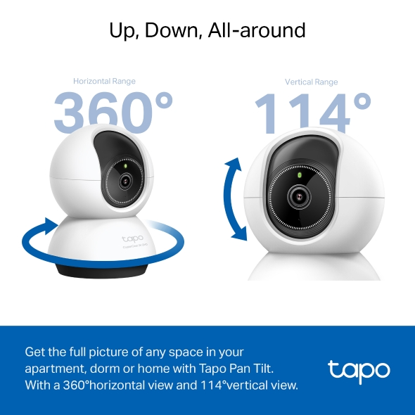Két fehér Tapo kamera mutat 360° vízszintes és 114° függőleges képet.