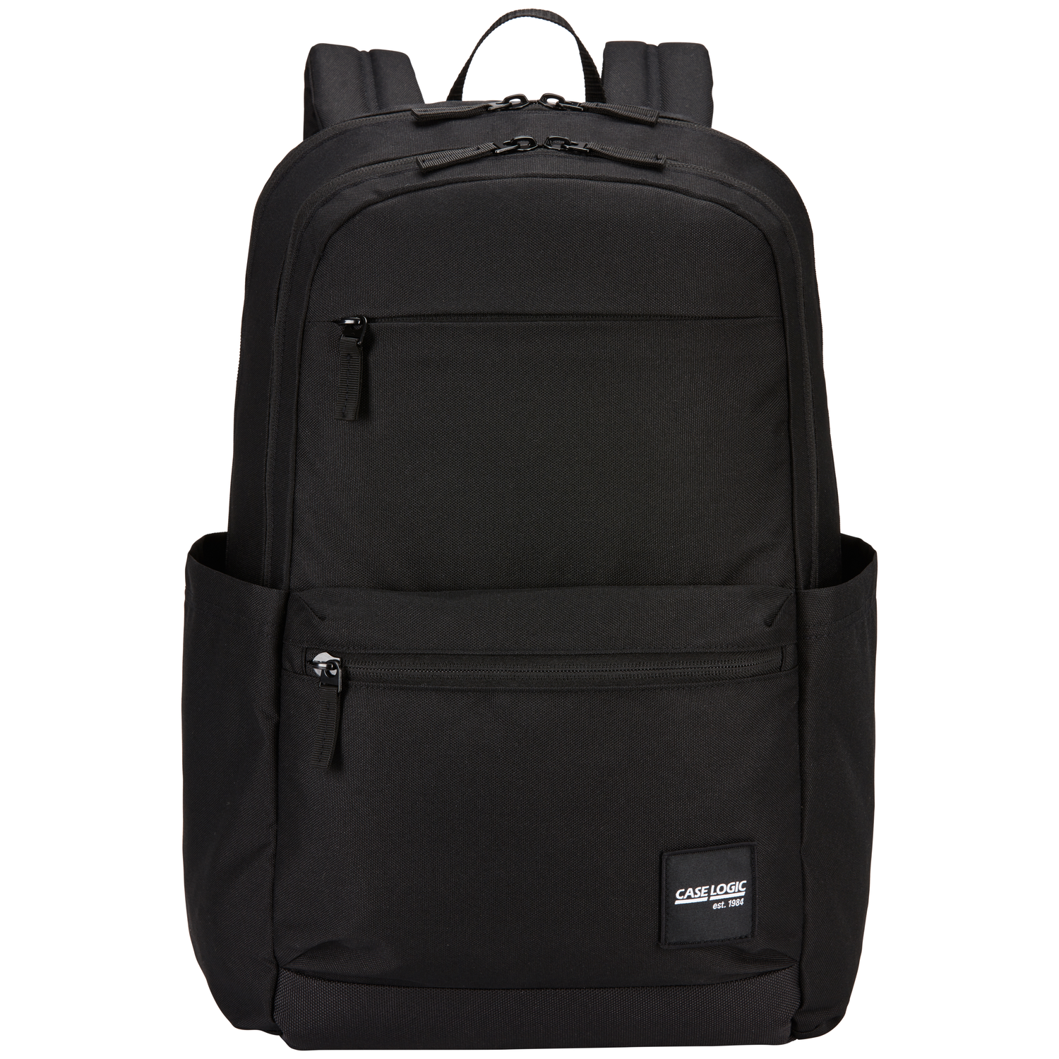 Un sac à dos noir Case Logic avec plusieurs poches et fermetures éclair, sur fond blanc.