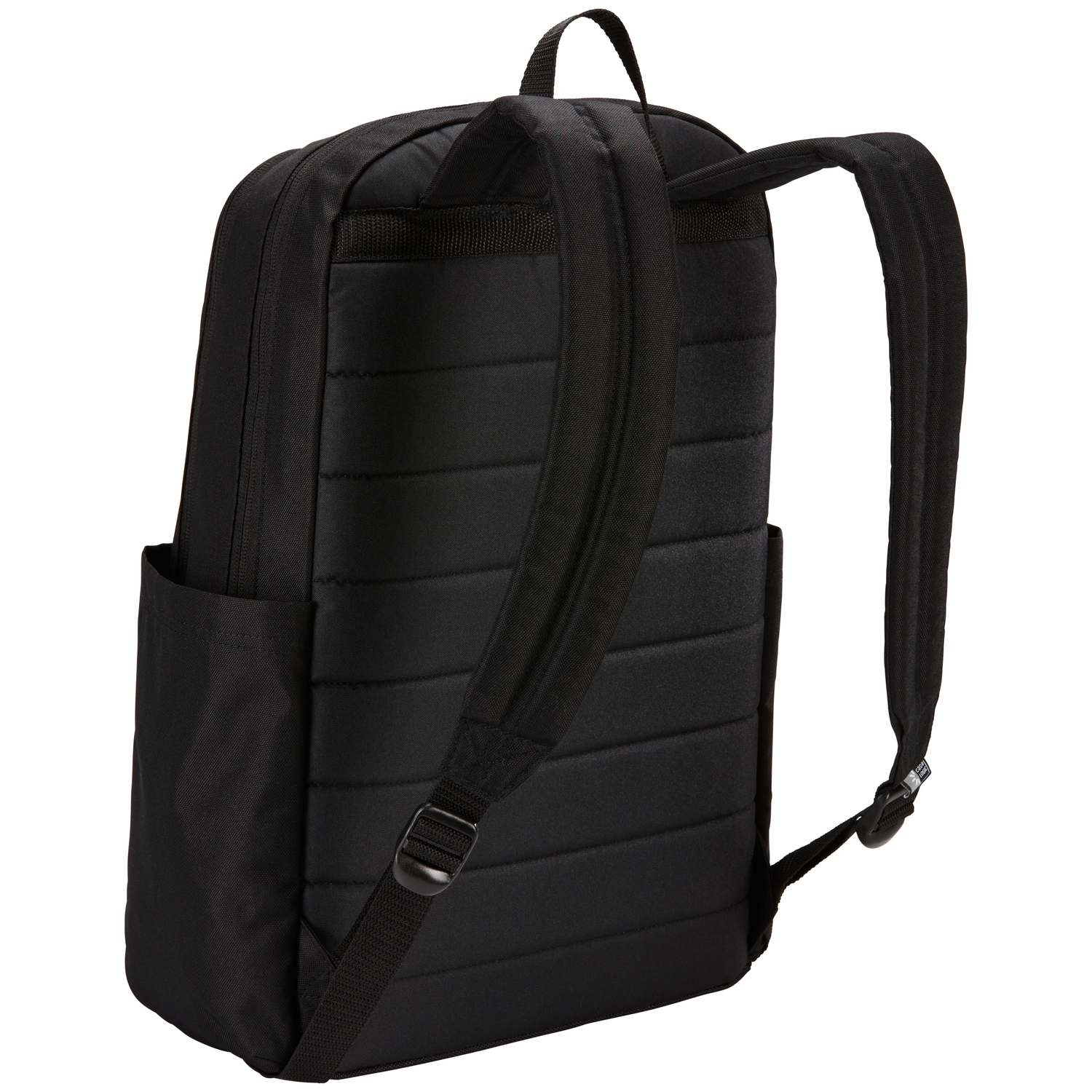 Un sac à dos noir avec dos rembourré et bretelles réglables, vu de dos.