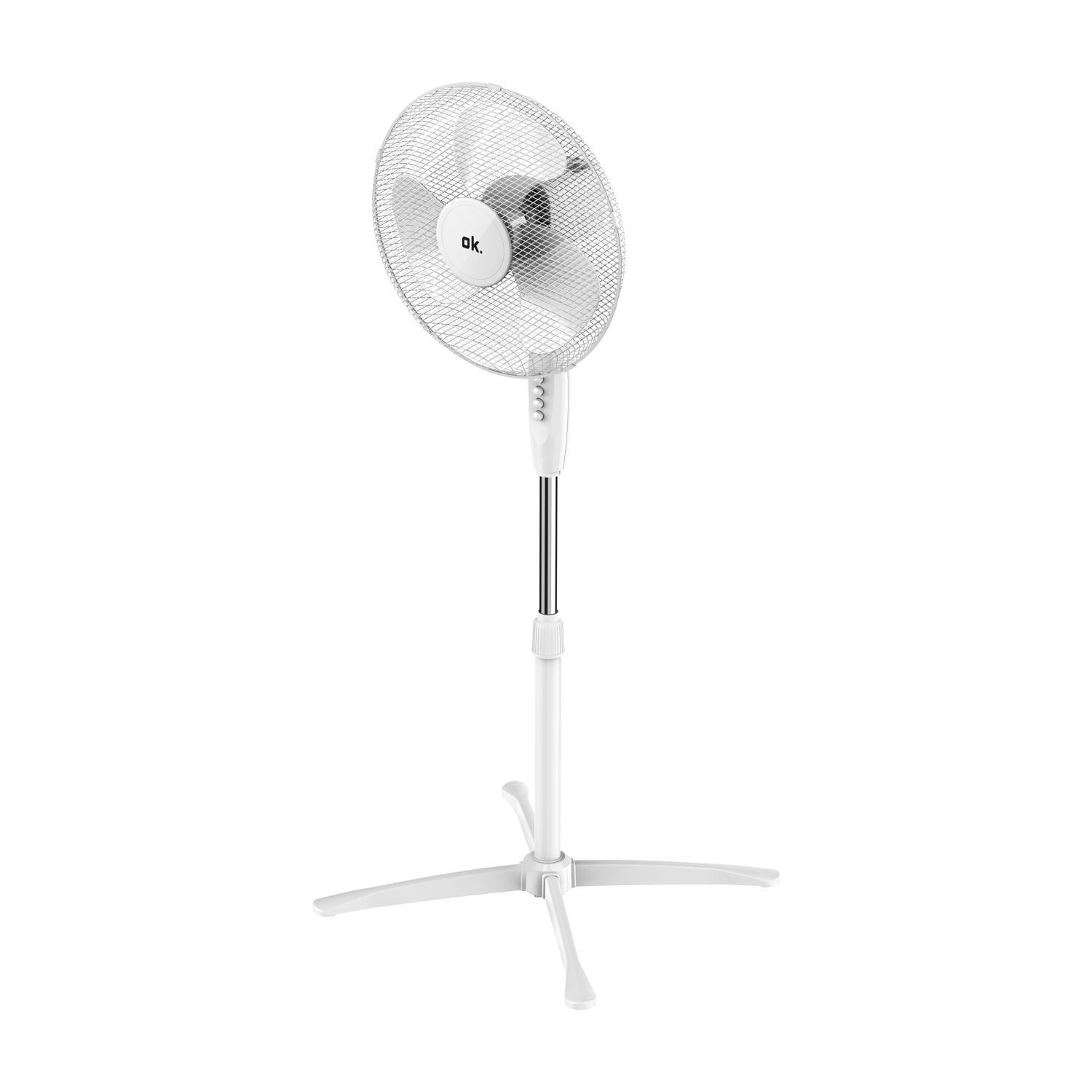 Un ventilatore da terra bianco con griglia rotonda e logo "ok."